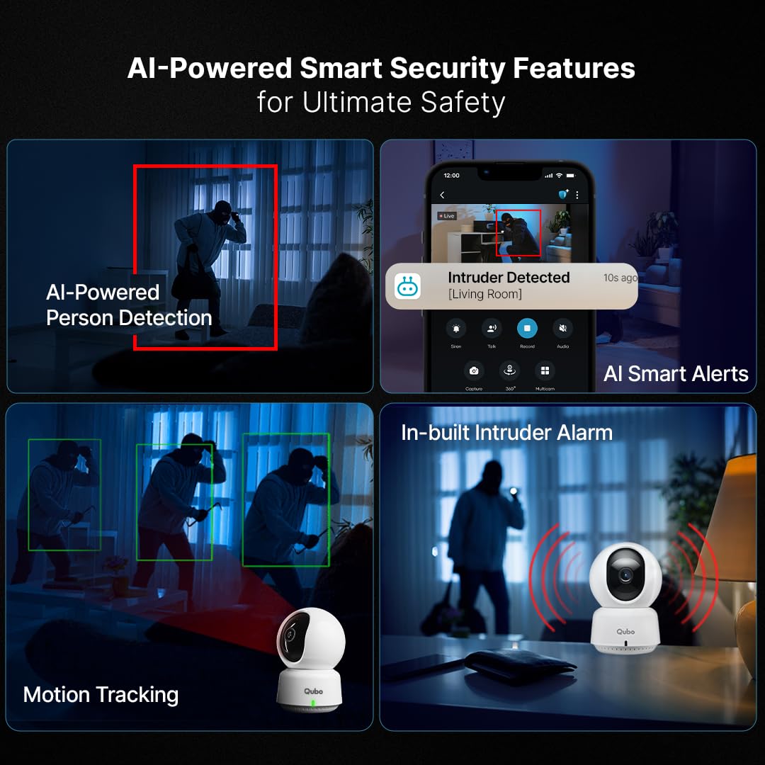 Qubo Smart 360 2K 3MP 1296p WiFi CCTV Security Camera from Hero Group | Mobile App | Two Way Talk | Night Vision | Cloud & SD Card Recording | Made in India | Alexa & OK Google | (3MP)