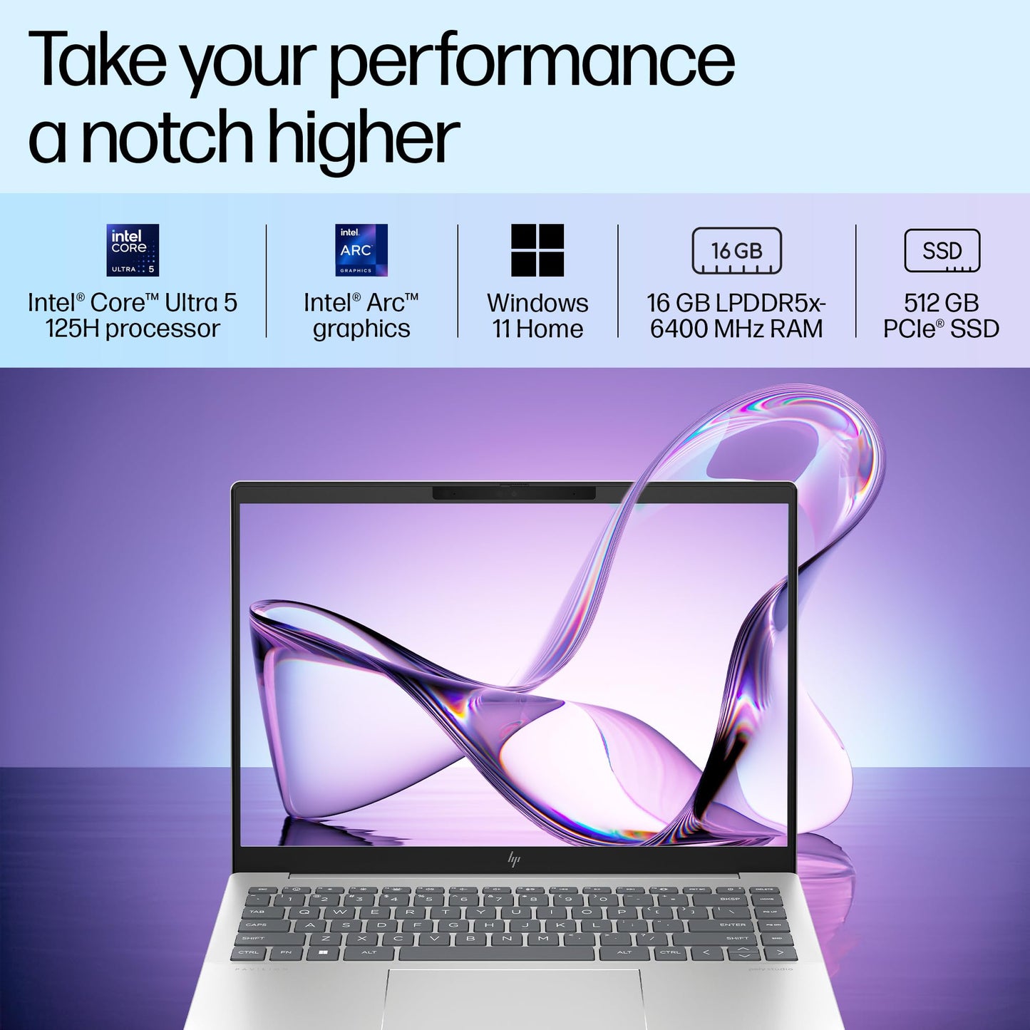 HP Pavilion Plus, Enhanced by AI, Intel Core Ultra 5 125H, 14-inch, WQXGA, 16GB LPDDR5x, 512GB SSD, Intel Arc Graphics, 5MP IR Camera/w Privacy Shutter, Backlit KB (Win 11, Silver, 1.44 kg) ew1074TU