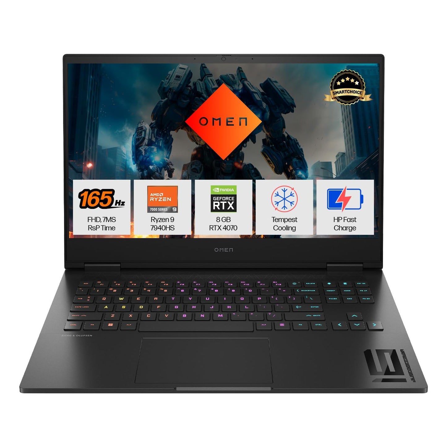 HP Smartchoice Omen, AMD Ryzen 9 7940HS, 8GB RTX 4070 AI-Powered Gaming Laptop (16GB DDR5, 1TB SSD) 165Hz, IPS, 300 nits, 16.1/40.9cm, FHD, Black, 2.38kg, RGB Backlit KB, B&O, xf0100AX