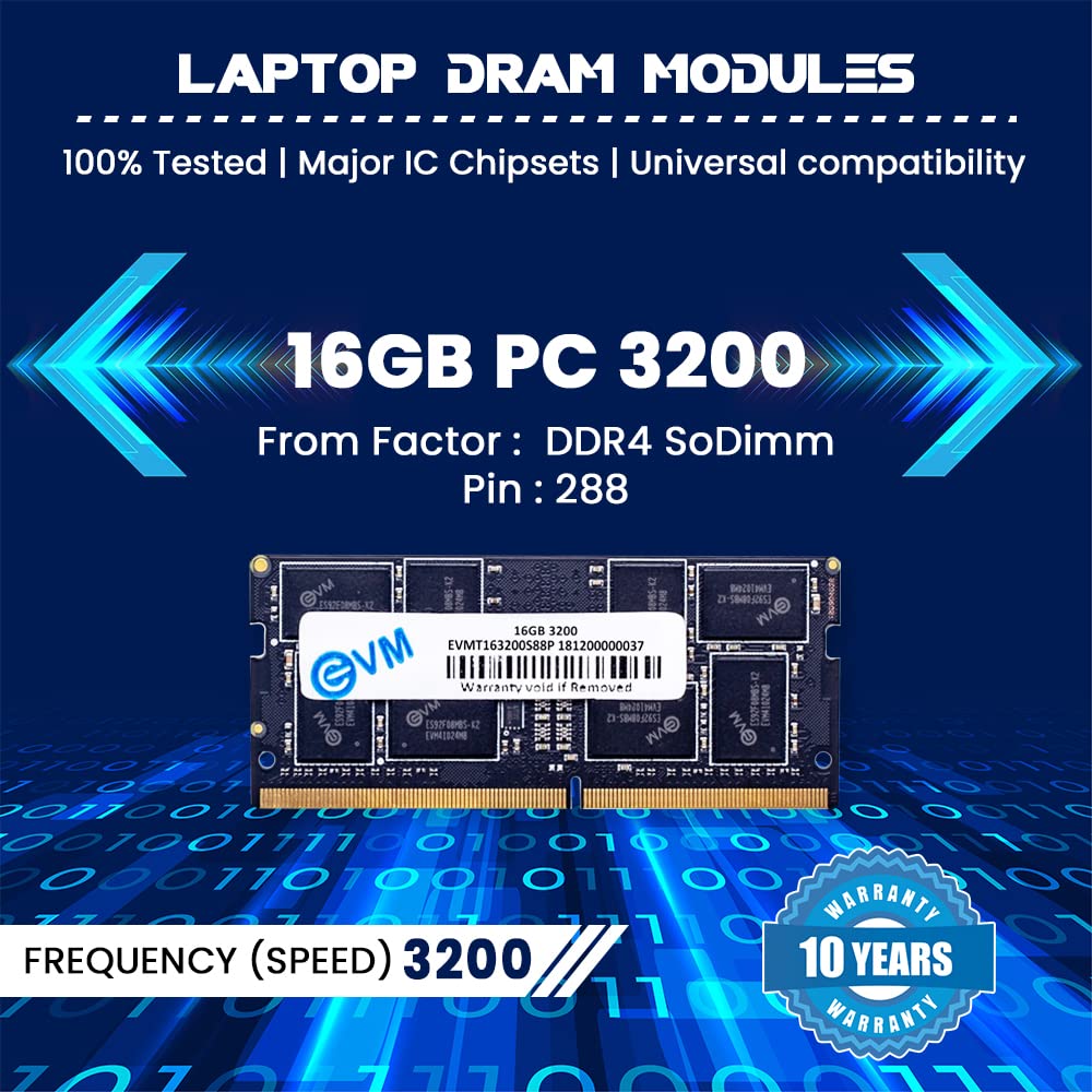 EVM 16GB DDR4 Laptop RAM 3200MHz - Unleash Your System's Full Potential - Perfect for Gamers, Office Work, and More - 10 Years Warranty (EVMT16G3200S88P)