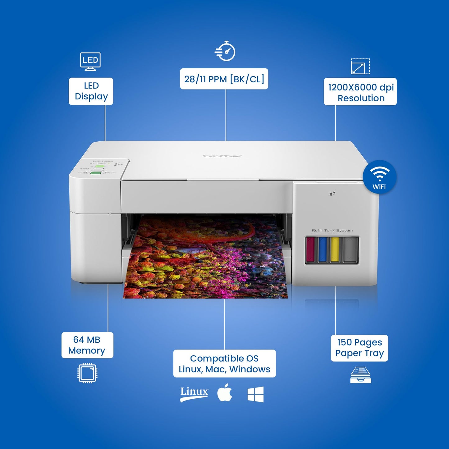 Brother Ink Tank DCP-T426W Multifunction (Print Scan Copy) Color Printer Best for Home, 150 Sheet Paper Tray, WiFi, Print Up to 7.5 K Pages in Black and 5 K in Color Each for (CMY), Free Installation