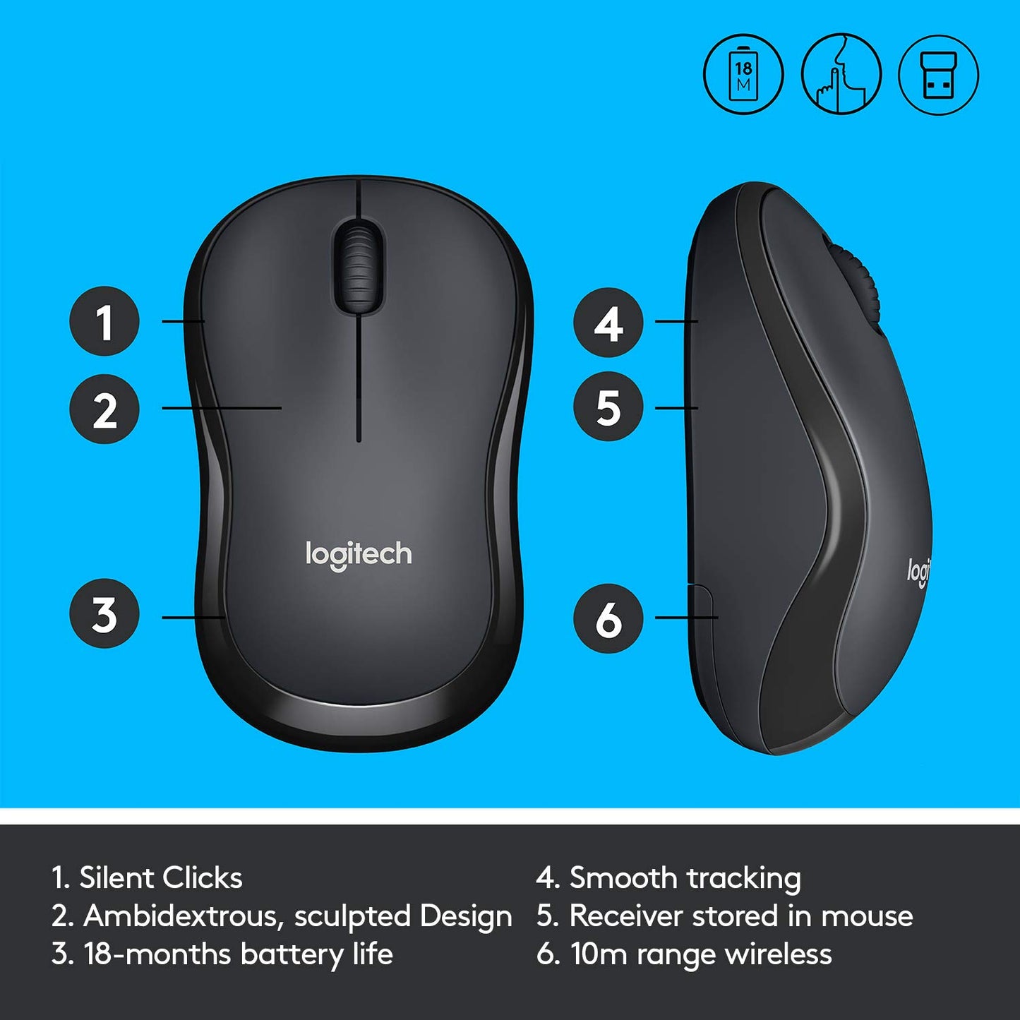 Logitech M221 Wireless Mouse, Silent Buttons, 2.4 GHz with USB Mini Receiver, 1000 DPI Optical Tracking, 18-Month Battery Life, Ambidextrous PC/Mac/Laptop - Black