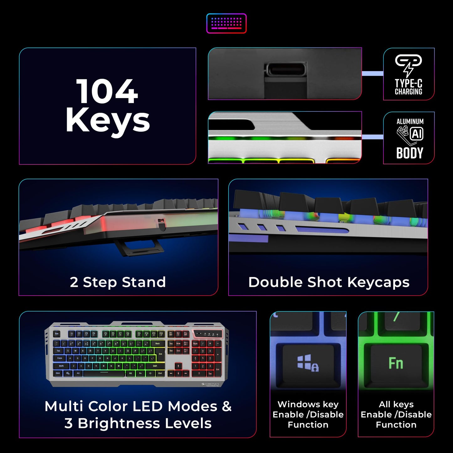 ZEBRONICS Transformer PRO Gaming Wireless Keyboard & Mouse Combo with 2.4GHz, Aluminum Body, Built in Battery, Multicolor LED Modes, Type C, Double Shot Keycaps, up to 4000 DPI