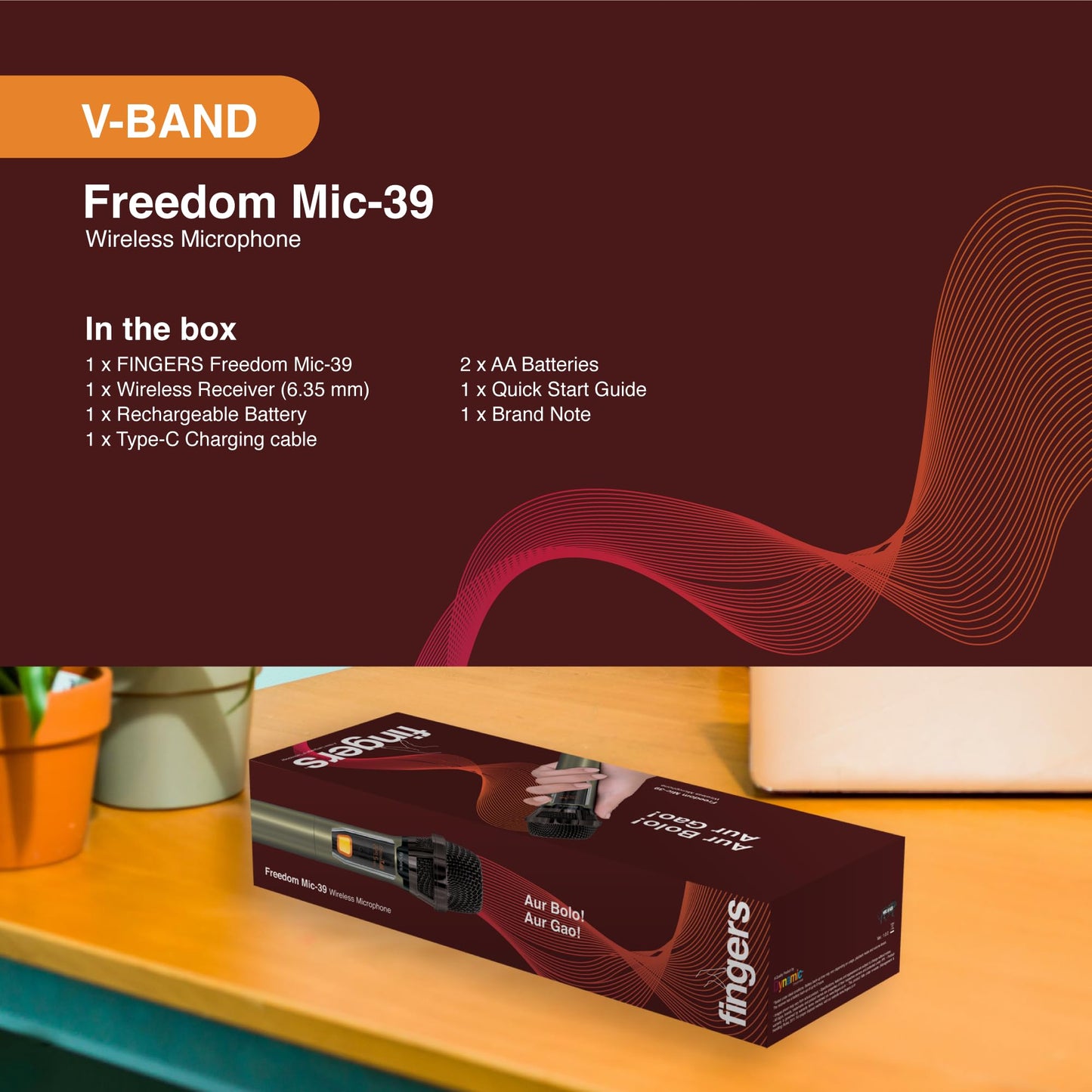 FINGERS Freedom Mic-39 Wireless Microphone (6.35 mm pin Receiver with Type-C Charging Port, Uni-Directional V-Band @ VHF 269.1 MHz, 10-Hour Battery Life, 25 m Working Distance)