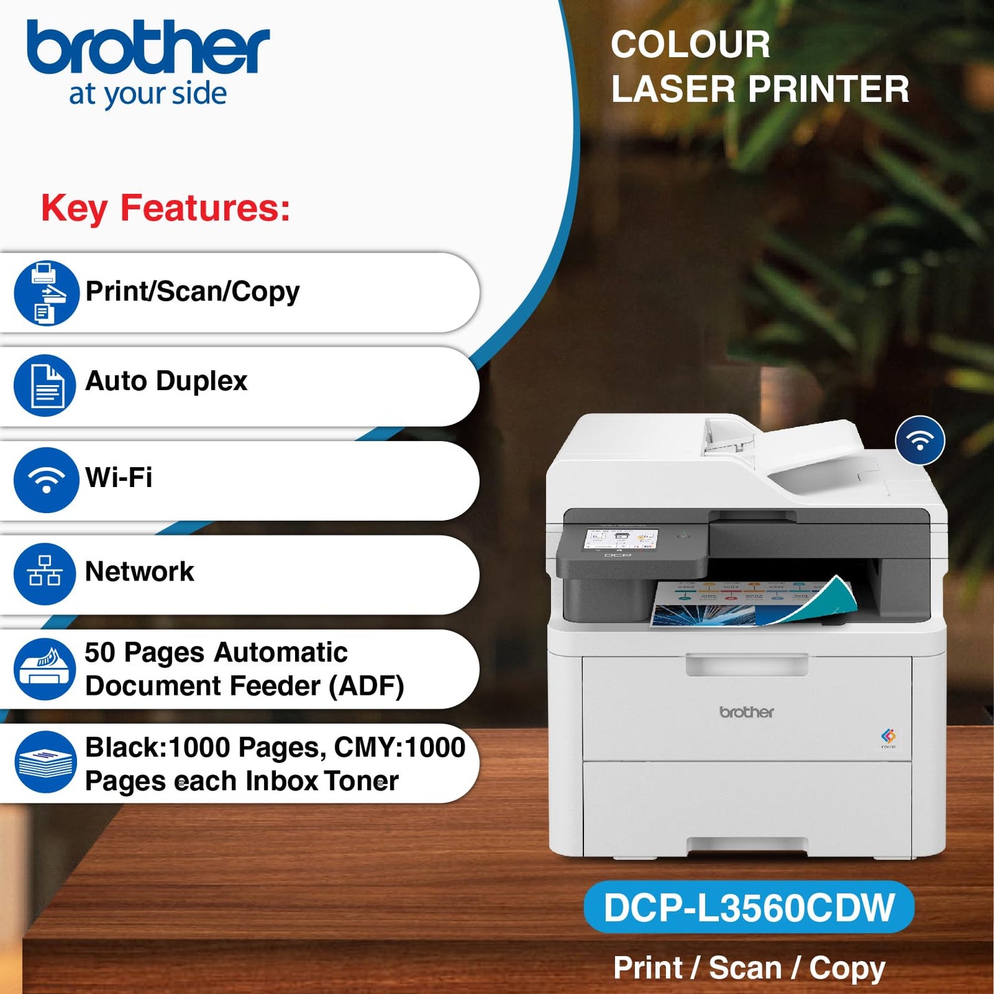 Brother DCP-L3560CDW (New Launch) Auto Duplex Color Laser LED Printer, ADF, Multifunction Print Scan Copy, 3.5 Inch TFT LCD Display, (Gigabit Ethernet WiFi Dual Band WiFi Direct), Free Installation