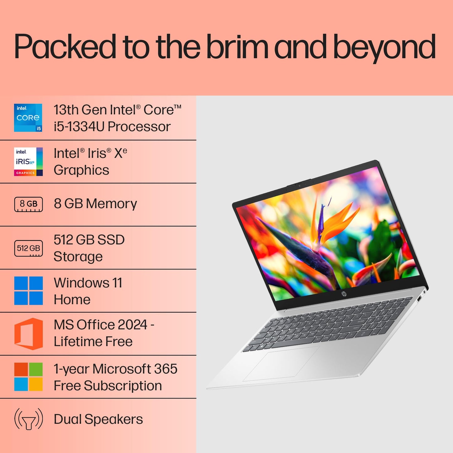 HP 15, 13th Gen Intel Core i5-1334U Laptop,(8GB DDR4, 512GB SSD),Antiglare,15.6''(39.6cm), FHD, Win 11, M365 Basic(1yr), Office Home 24,Silver, 1.59kg, Iris Xe, FHD Camera w/Privacy Shutter, fd0466tu