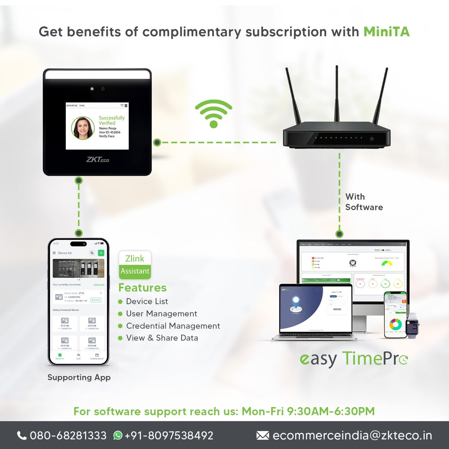ZKTeco MiniTA Touchless Face Recognition Attendance & Access Control Terminal | WiFi, Mobile App, Free Web-Based Software | Ideal for Office