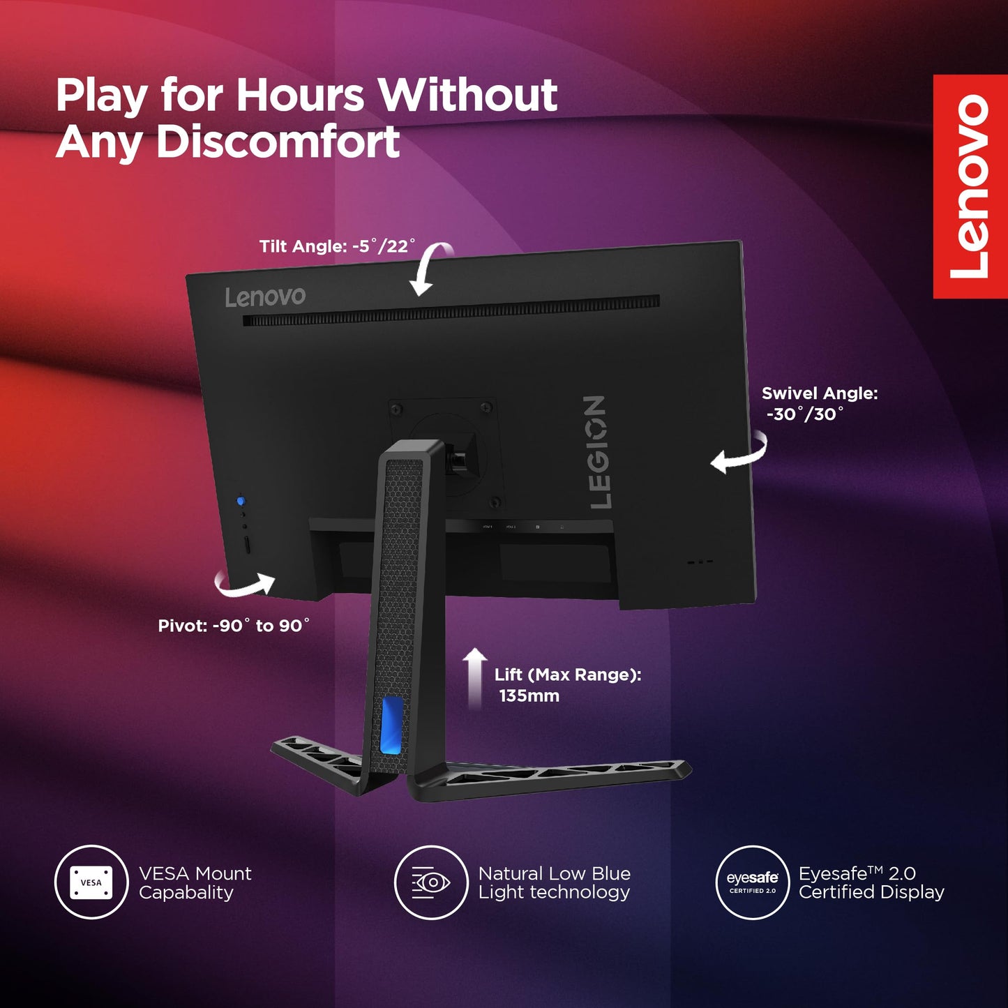 Lenovo Legion R27q-30 | 27 Inch (68.58cm) 165Hz 2K QHD Gaming Monitor | 0.5ms, AMD FreeSync, 99%sRGB, 90% DCI-P3, 3Wx2 Speaker, 2xHDMI, 1xDP|Tilt, Swivel, Pivot, Height Adjust Stand, Black, 67B4GAC1IN