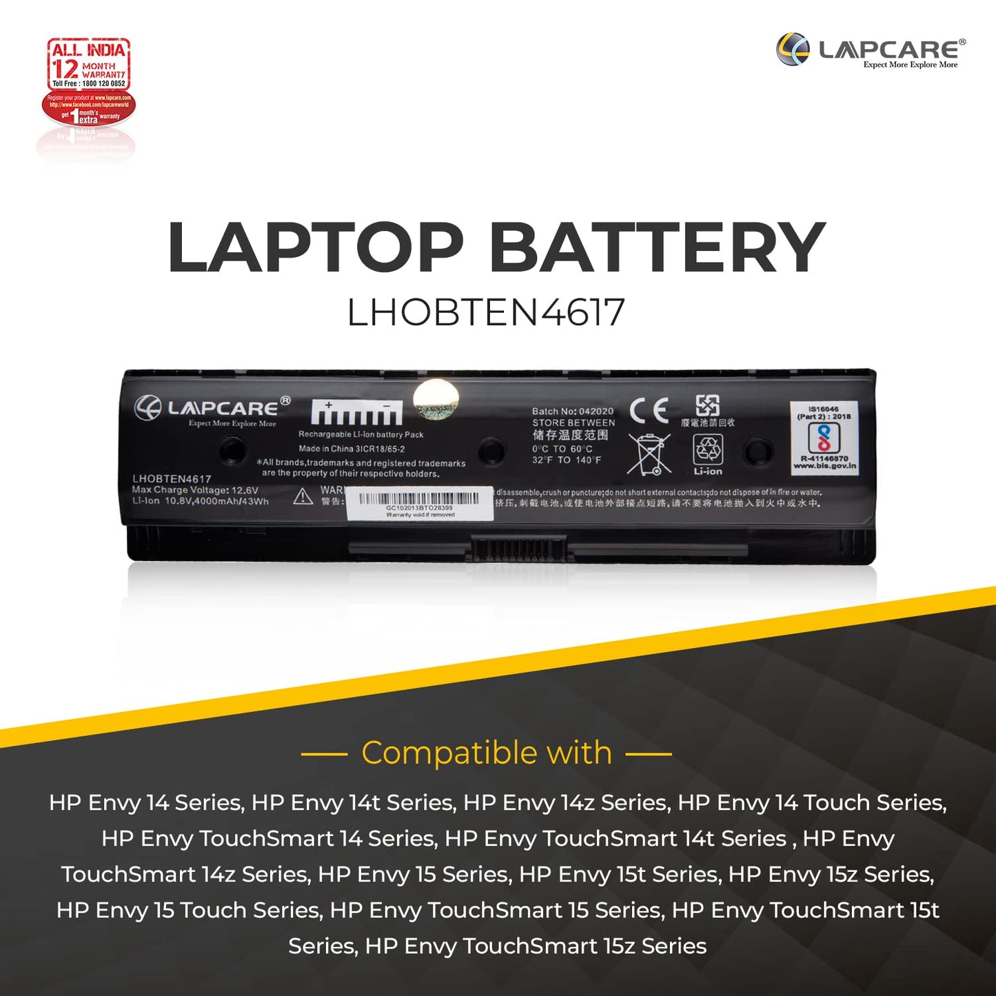Lapcare PI06 Notebook Battery for HP Envy 17-J, Envy 15-J, Envy 15-Q, Pavilion 14-E, 15-E, 17-E Series PN: 710417-001 HSTNN-LB4O
