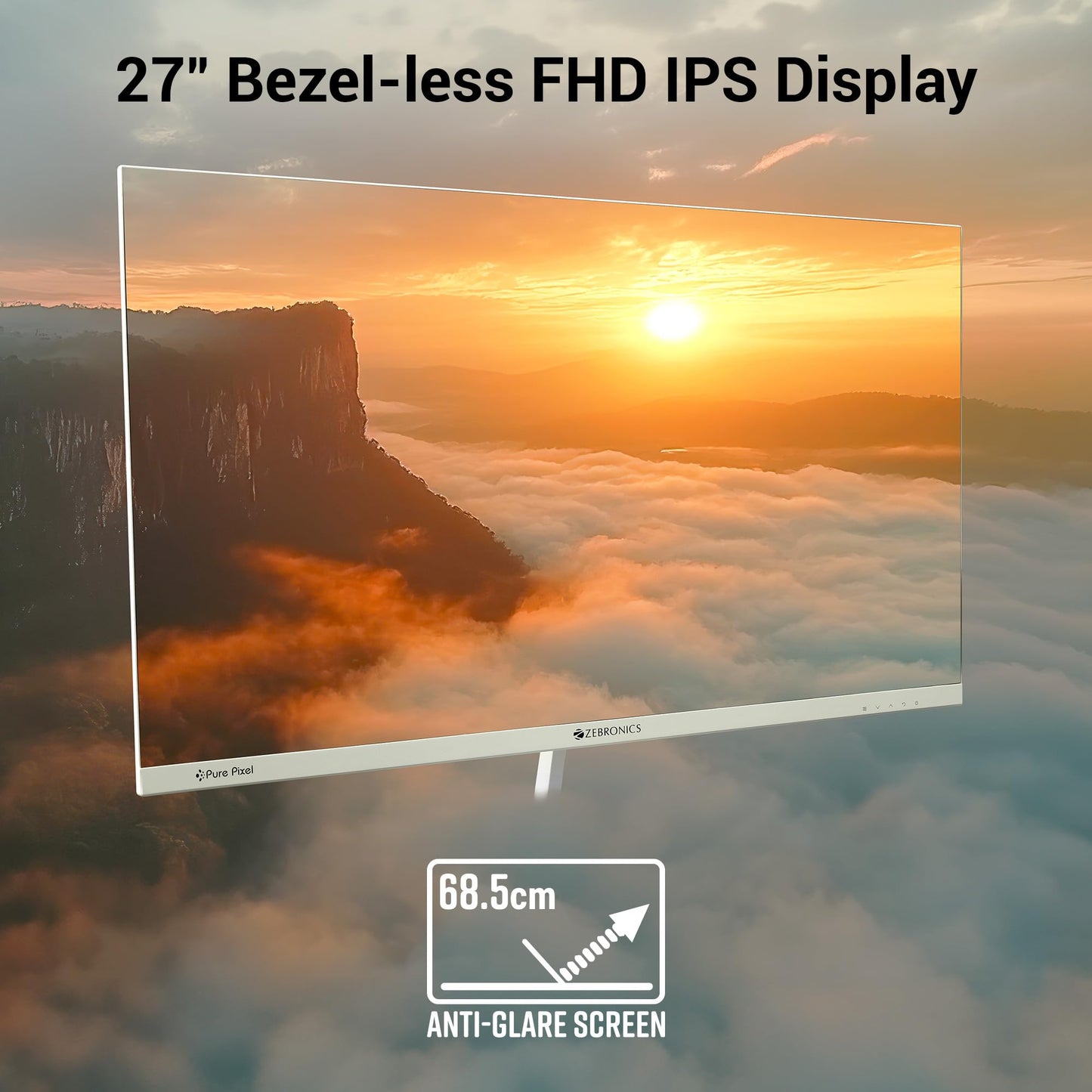 ZEBRONICS S27A 27" (68.5cm) LED Monitor, 75Hz, FHD 1920x1080, IPS Display, 1ms MPRT, 16:9 Aspect Ratio, 300Nits, 16.7M Colors, Dual Input - HDMI + VGA, Built-in Speakers, Wall Mountable