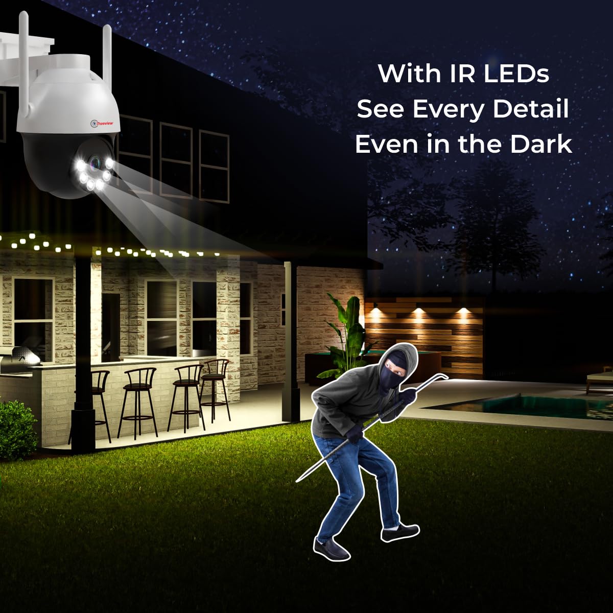 Trueview 3Mp HD 4G SIM Based Pan Tilt CCTV Camera, Outdoor Indoor Security Camera, Water Proof, 2 Way Talk, Cloud Storage, Motion Detect, Supports SD Card Up to 256 GB, Color Night Vision, Alexa