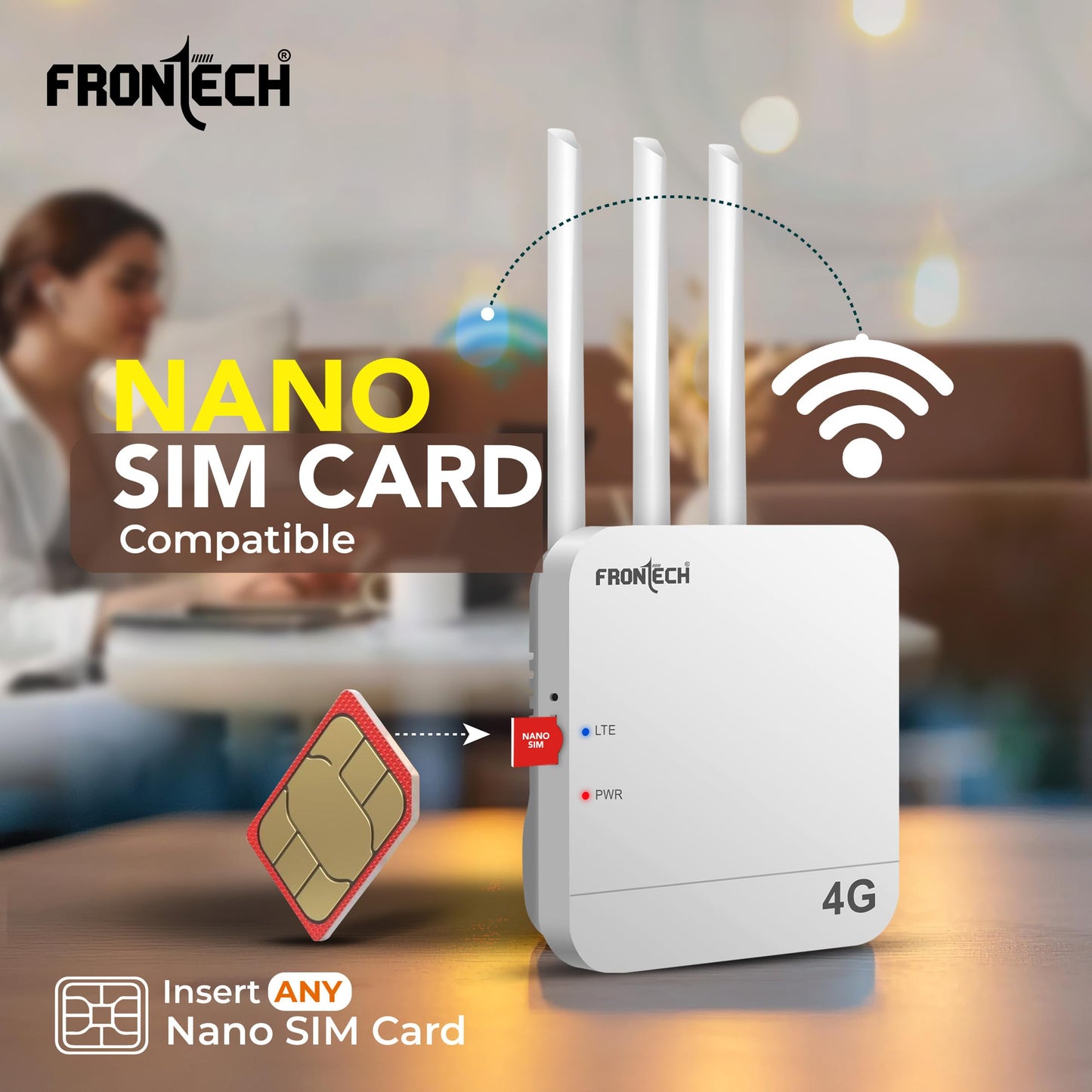 Frontech 4G WiFi Router (5G SIM Compatible), Nano SIM Slot, 3 External Antennas, Dual Output (Wired/Wireless), 40MHz Bandwidth, High-Speed Internet for Home & Office (NC-0035)