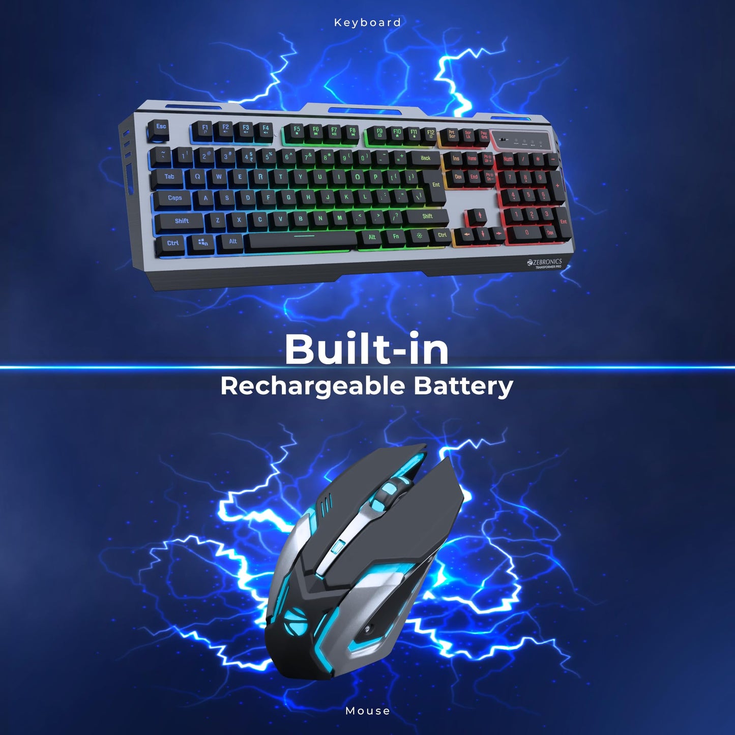 ZEBRONICS Transformer PRO Gaming Wireless Keyboard & Mouse Combo with 2.4GHz, Aluminum Body, Built in Battery, Multicolor LED Modes, Type C, Double Shot Keycaps, up to 4000 DPI