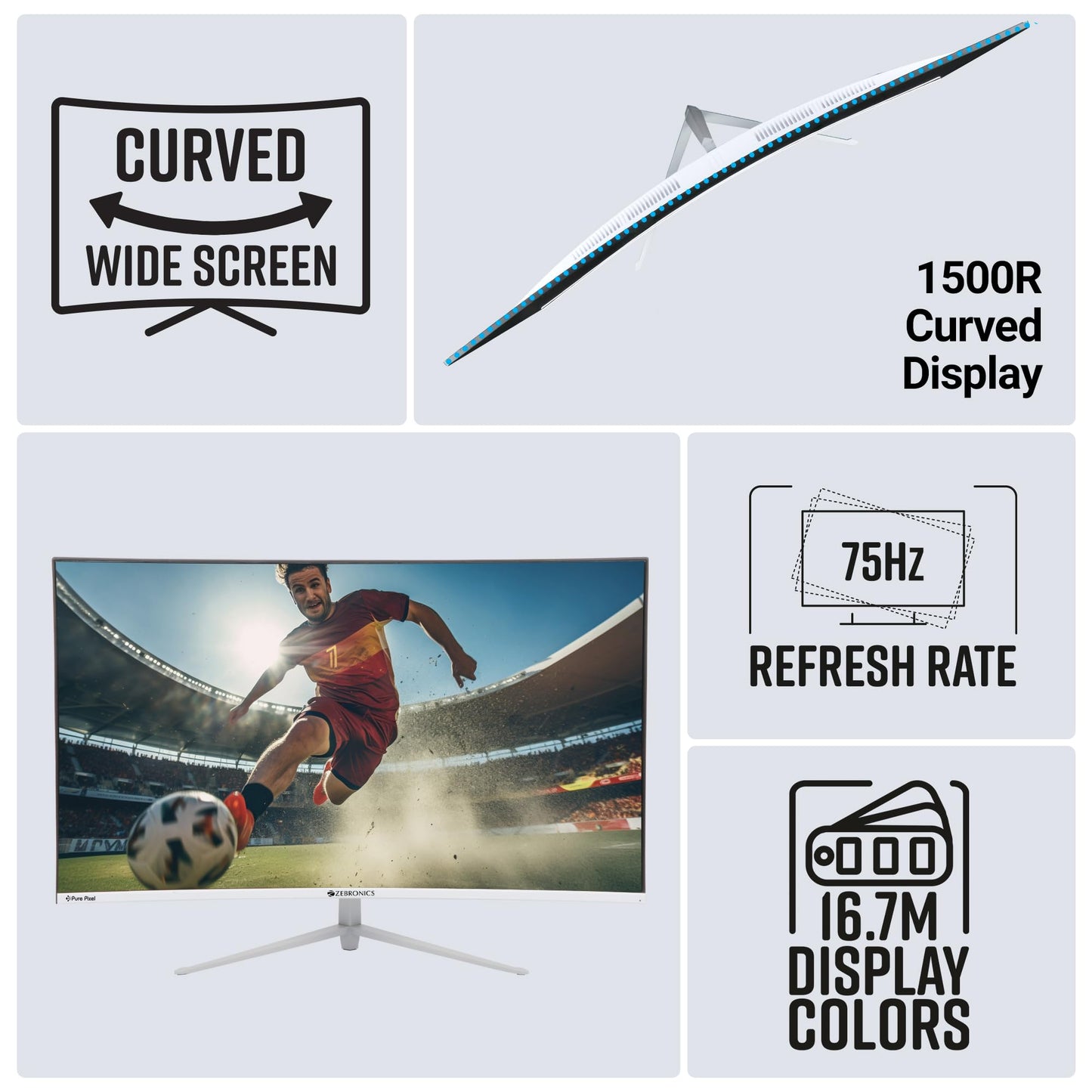 ZEBRONICS AC32FHD LED Monitor, 32 inch (81.28cm), 250 nits, 75hz, 1800R Curved wide screen, FHD, 1080p, Wall Mountable, VGA, HDMI, Ultra Slim Bezel, Metal stand, Built-in Speakers
