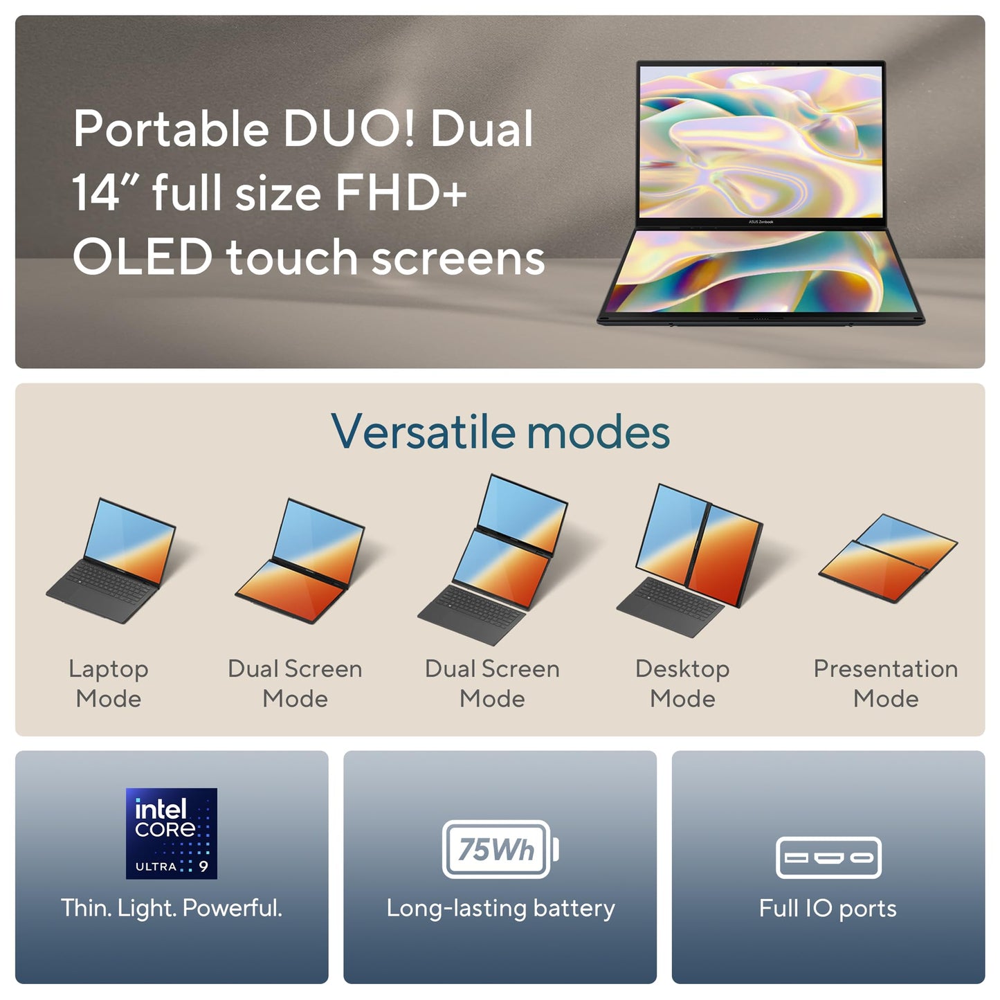 ASUS Zenbook Duo OLED (2024), 14" (35.56cm) FHD OLED Touch Display, Intel Core Ultra 9 185H, Built-in AI, Dual Screen Laptop (32GB/1TB SSD/Intel Arc Graphics/Win11/Gray/1.65 Kg), UX8406MA-QL961WS