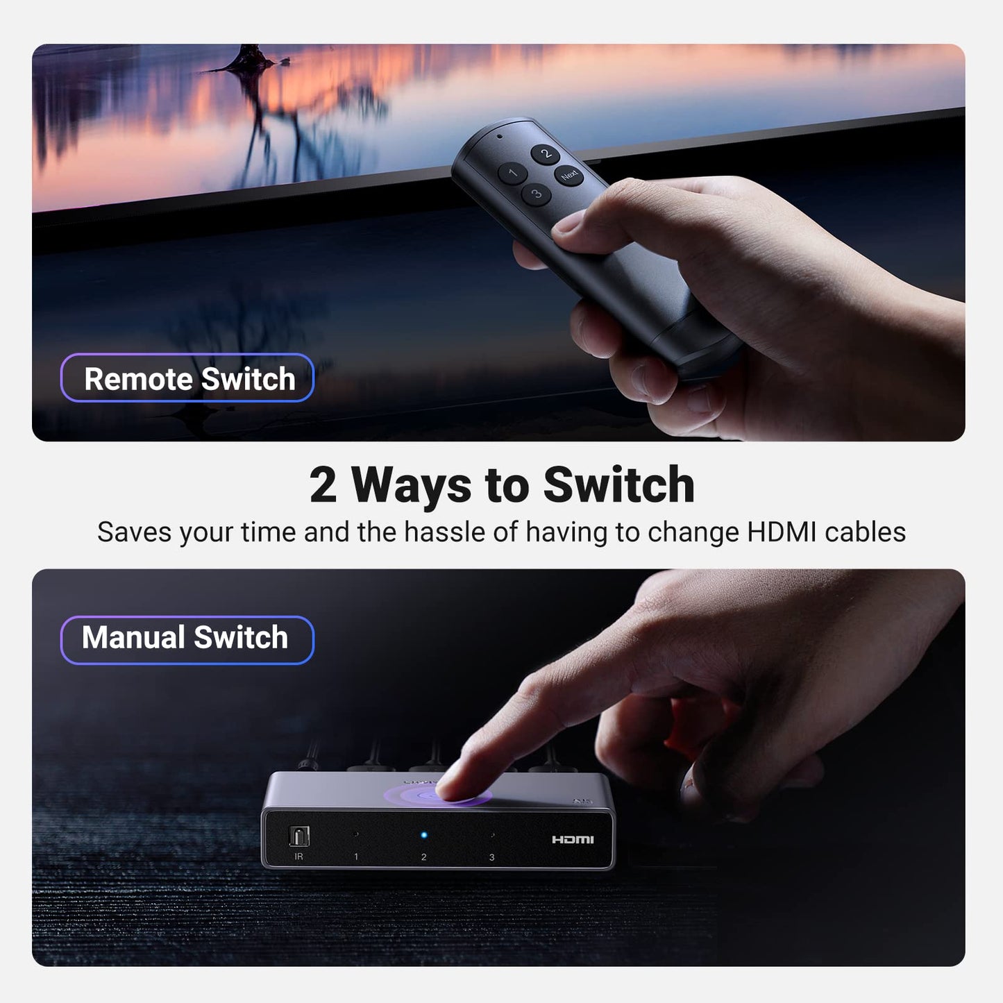 UGREEN 8K@60Hz HDMI Switch 3 in 1 Out 8K 2.1 Switcher Splitter 3 Port with IR Remote HDCP2.3 3D Dolby DST Compatible with PS5 PS4 Xbox Apple TV Fire Stick