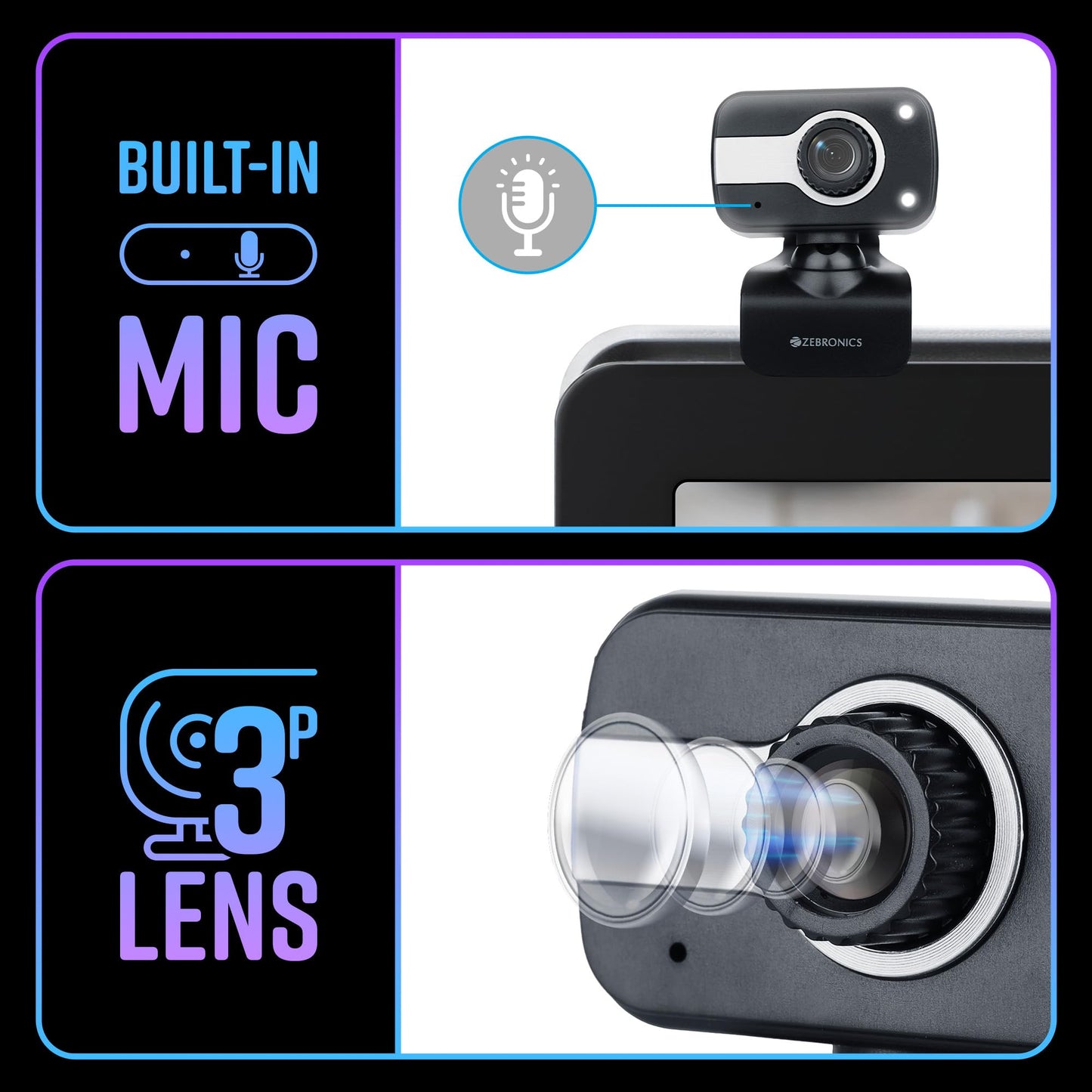 Zebronics Zeb-Crystal Clear Web Camera with 3P Lens,Built-in Microphone,Auto White Balance,Night Vision and Manual Switch for LED (Black)