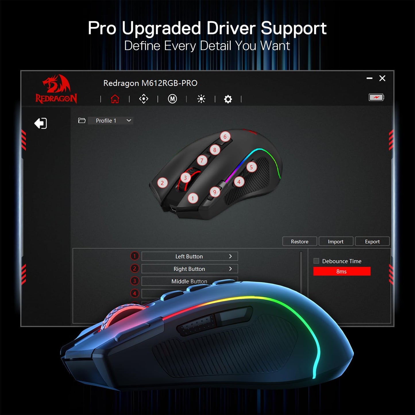 Redragon M612 PRO RGB Gaming Mouse, 8000 DPI Wired/Wireless Optical Gamer Mouse with 9 Programmable Buttons & 7 Backlit Modes, BT & 2.4G Wireless, Software Supports DIY Keybinds Rapid Fire Button