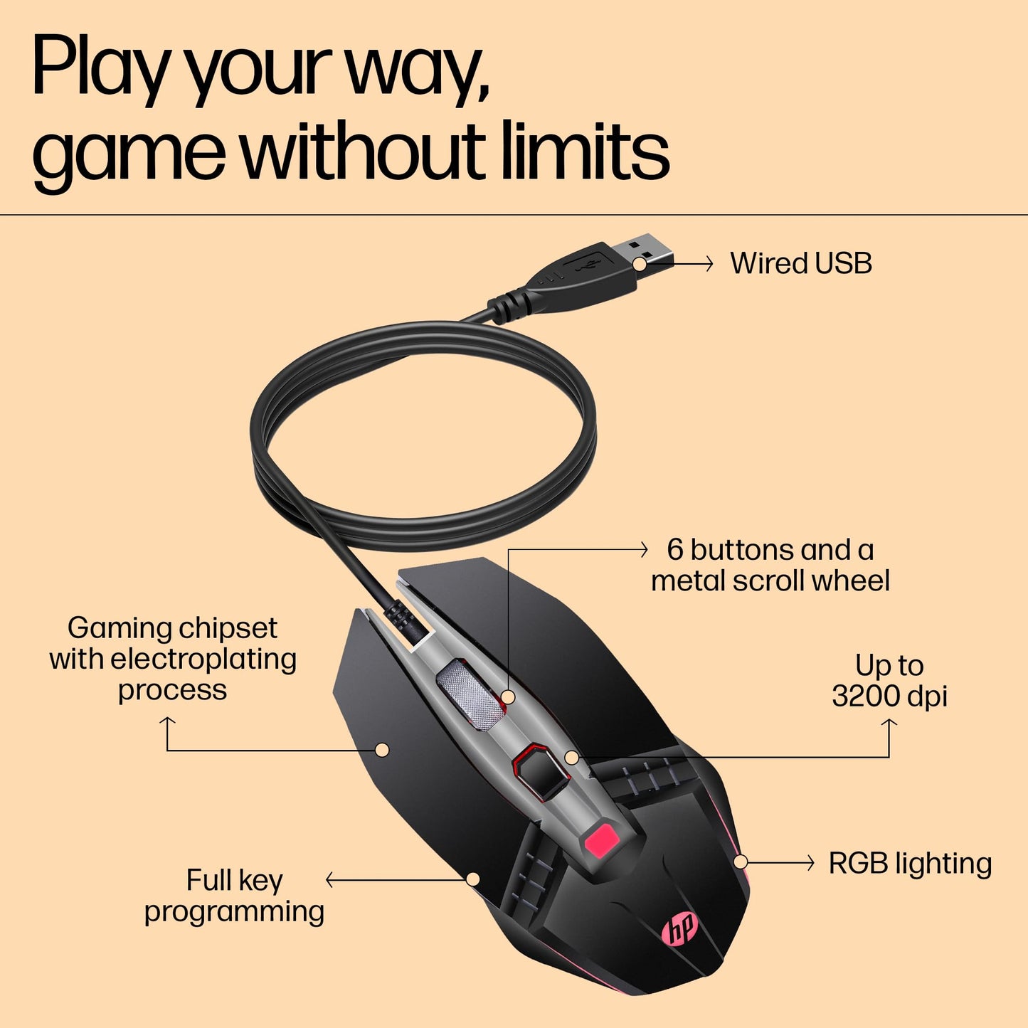 HP M270 Backlit USB Wired Gaming Mouse with 6 Buttons, 4-Speed Customizable 2400 DPI, Ergonomic Design, Breathing LED Lighting, Metal Scroll Wheel, Lightweighted / 3 Years Warranty (7ZZ87AA), Black