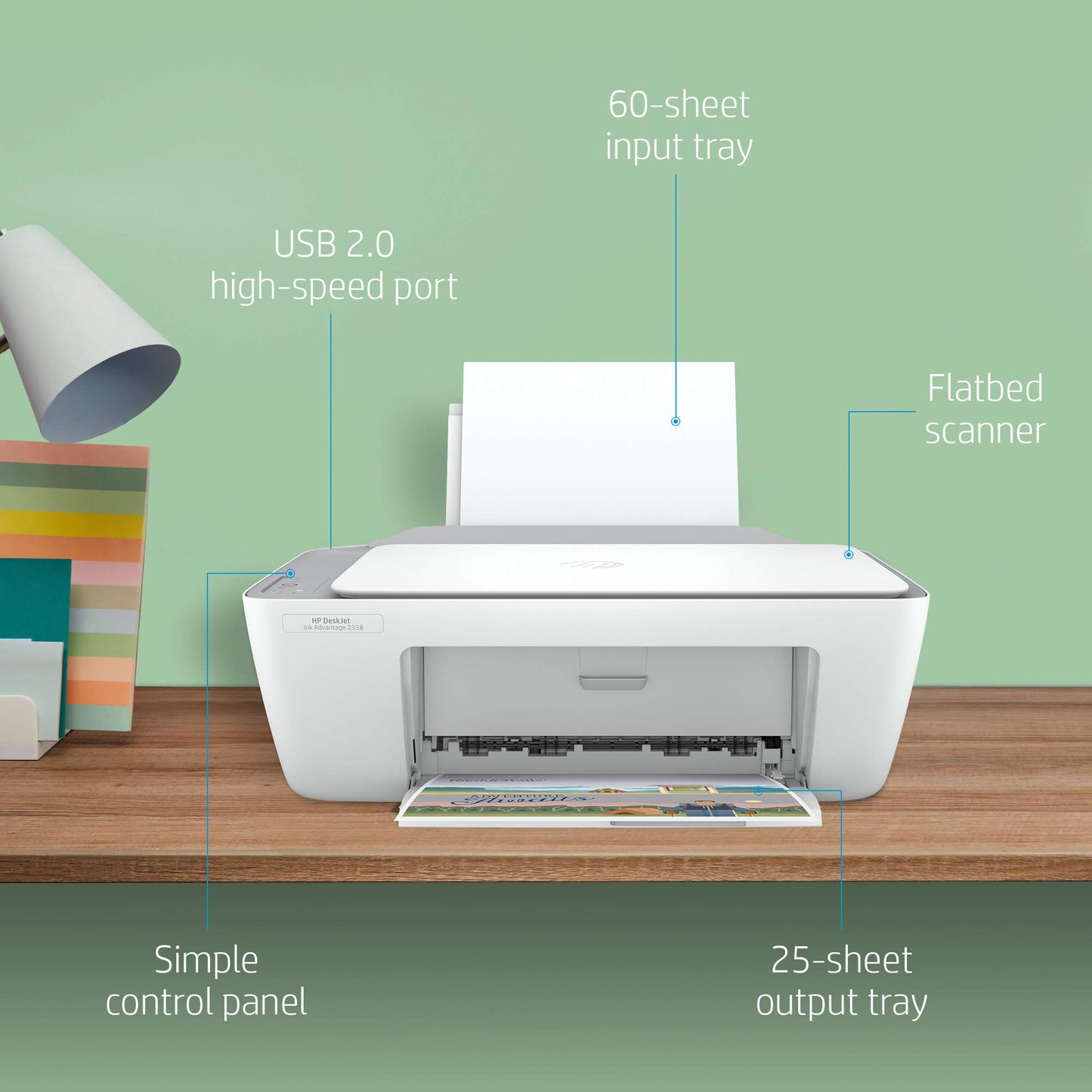 HP DeskJet Ink Advantage 2338 All-in-One Printer, Print, Copy, Scan, Hi-Speed USB 2.0, Up to 7.5/5.5 ppm (Black/Color), 60-Sheet Input Tray, 25-Sheet Output Tray, 1000-page Duty Cycle, Color, 7WQ06B