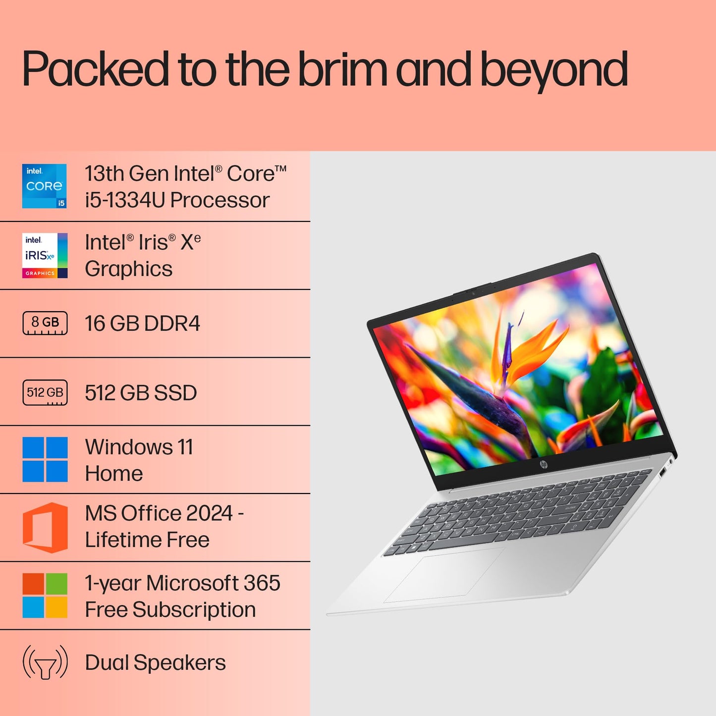 HP 15, 13th Gen Intel Core i5-1334U Laptop (16GB DDR4,512GB SSD) Anti-Glare, Micro-Edge,15.6''/39.6cm, FHD, Win11,M365,Office24, Silver,1.59kg, Iris Xe Graphics,FHD Camera w/Privacy Shutter, fd0577TU