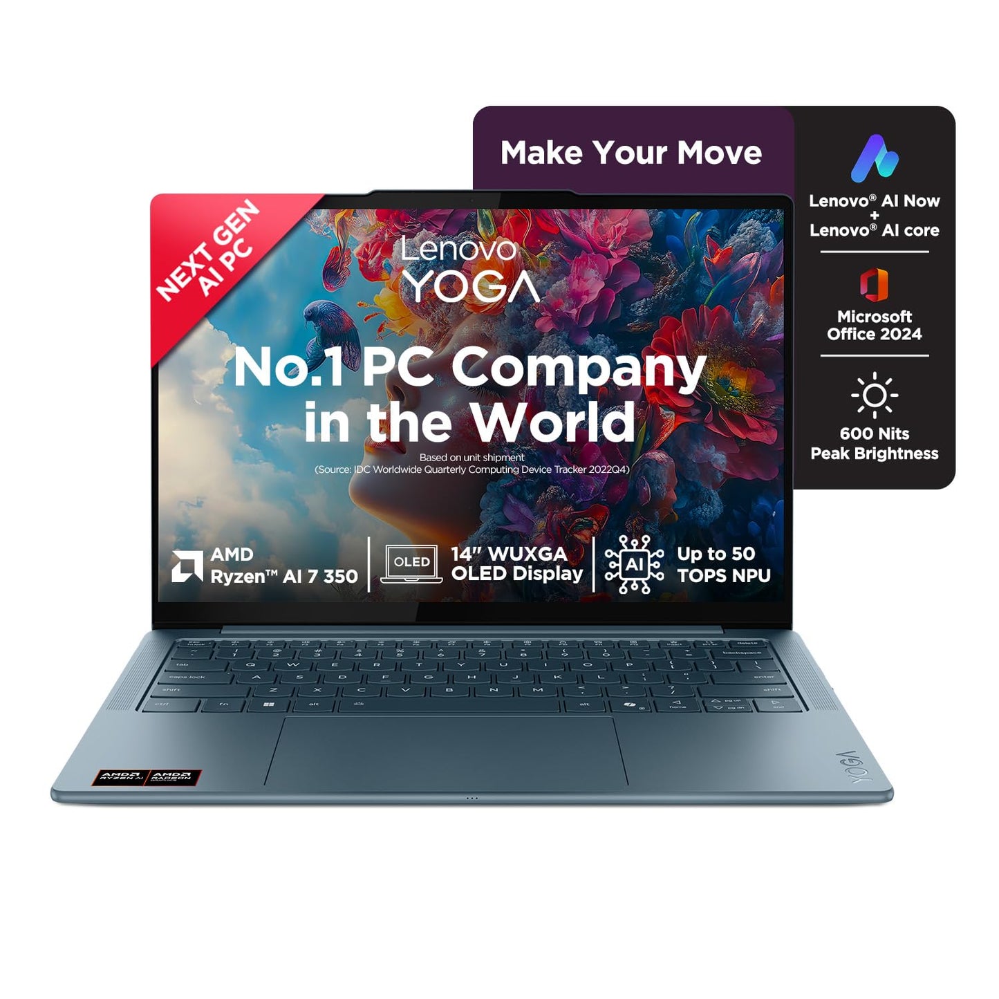 Lenovo Yoga Slim 7 AMD Ryzen AI 7 350, Copilot+ AI PC(32GB RAM/1TB SSD/14"(35.5cm)WUXGA OLED/AI Now/50 TOPS/Windows 11/Office Home 2024/Backlit Keyboard/1Yr ADP Free/Teal/1.19Kg), 83JY000UIN AI Laptop