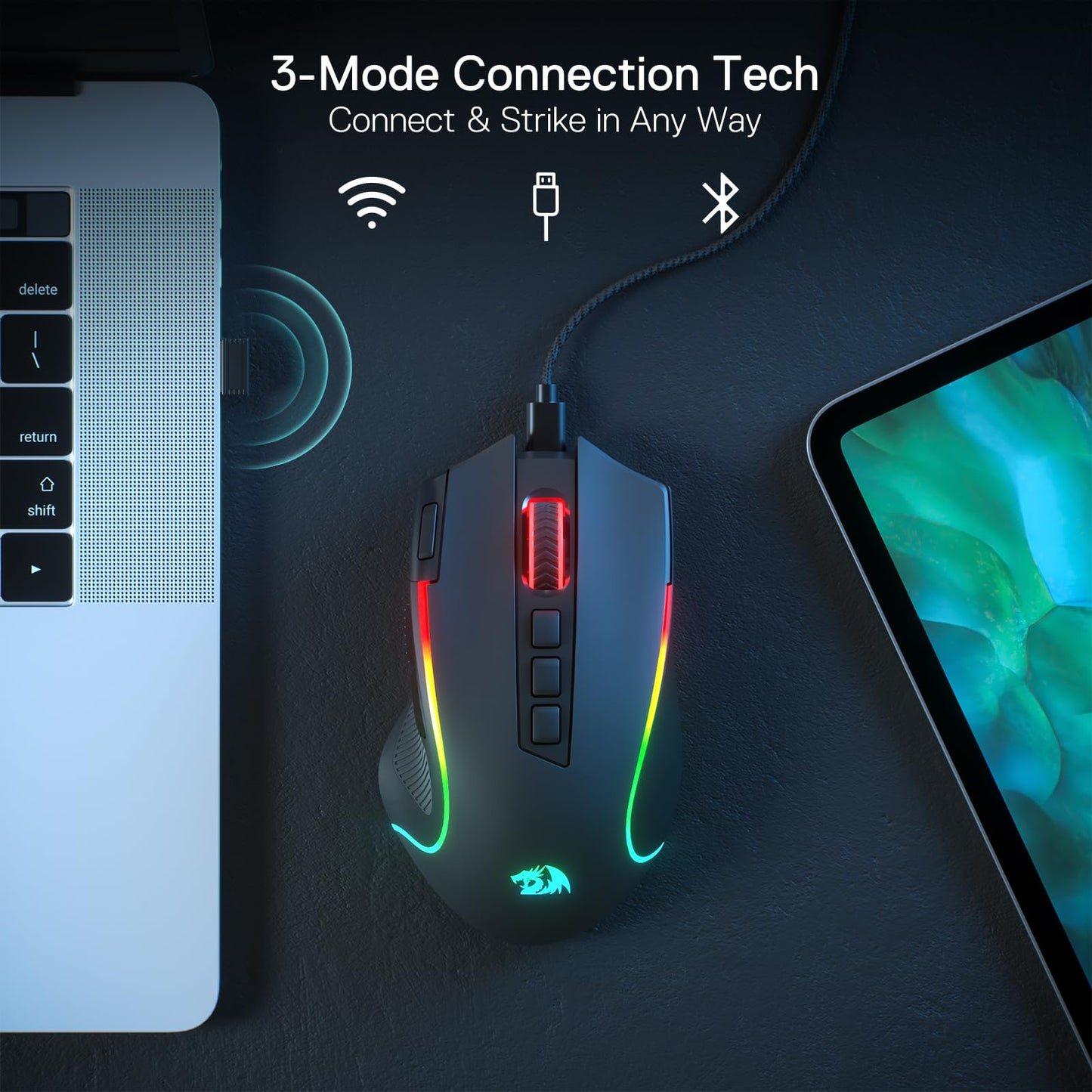 Redragon M612 PRO RGB Gaming Mouse, 8000 DPI Wired/Wireless Optical Gamer Mouse with 9 Programmable Buttons & 7 Backlit Modes, BT & 2.4G Wireless, Software Supports DIY Keybinds Rapid Fire Button