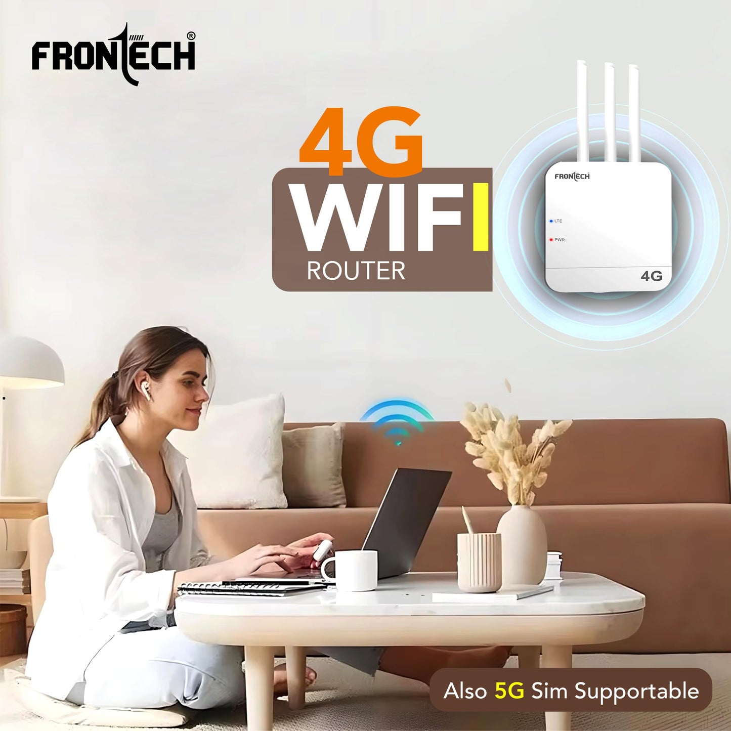 Frontech 4G WiFi Router (5G SIM Compatible), Nano SIM Slot, 3 External Antennas, Dual Output (Wired/Wireless), 40MHz Bandwidth, High-Speed Internet for Home & Office (NC-0035)