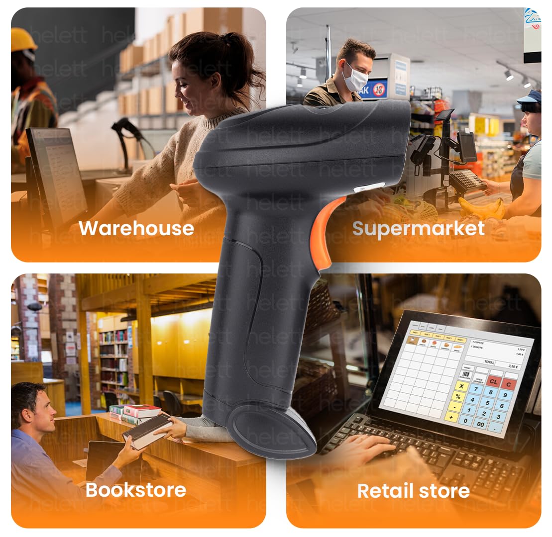 Helett® HT20 Wireless 2.4GHz 2D & 1D Barcode Scanner (QR Code & Barcode) Wired & Wireless(Rechargeable) Connectivity | Induction Scanning with Built-in Illumination Light |Strong ABS(1-Year Warranty)