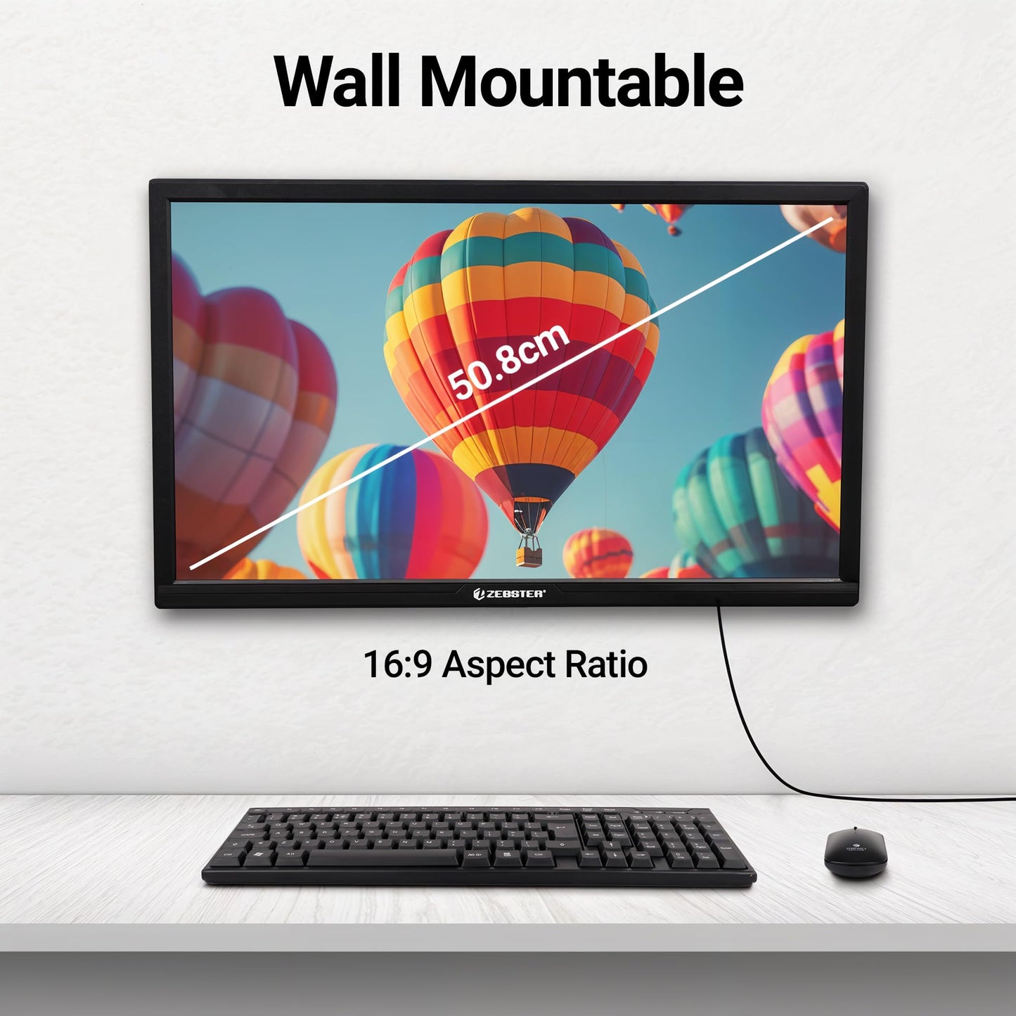 ZEBSTER GV120 20 Inch (50.8 cm) LED Monitor with Dual HDMI & VGA Input, HD+ 1600 x 900, 250nits Brightness, 16.7M Colors, 16:9 Aspect Ratio, Wall Mountable