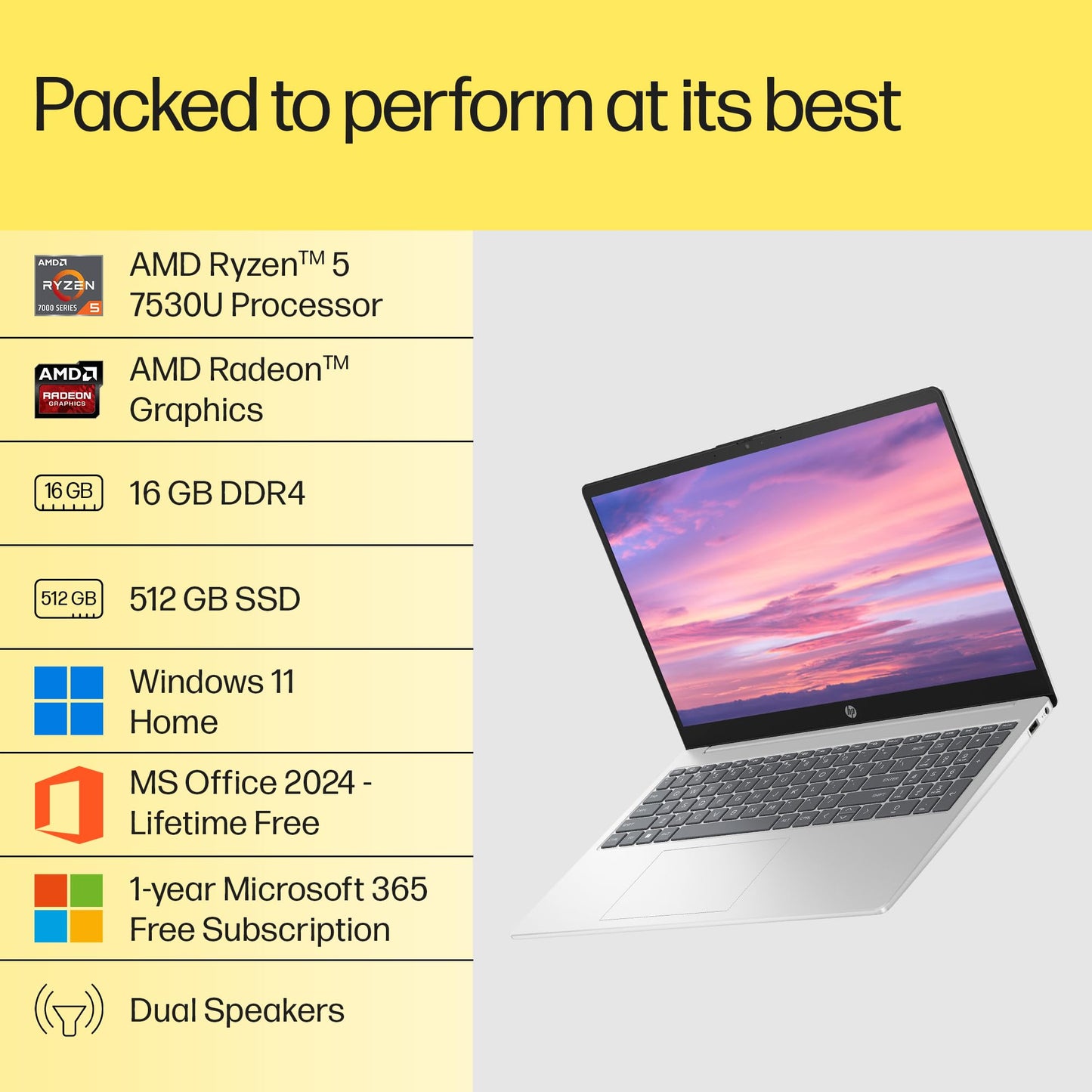 HP 15, AMD Ryzen 5 7530U Laptop (16GB DDR4,512GB SSD) Anti-Glare, Micro-Edge,15.6''/39.6cm, FHD, Win11, M365 Basic(1yr),Office Home24, Silver,1.59kg, Radeon Graphics, FHD Camera w/Shutter, fc0389AU