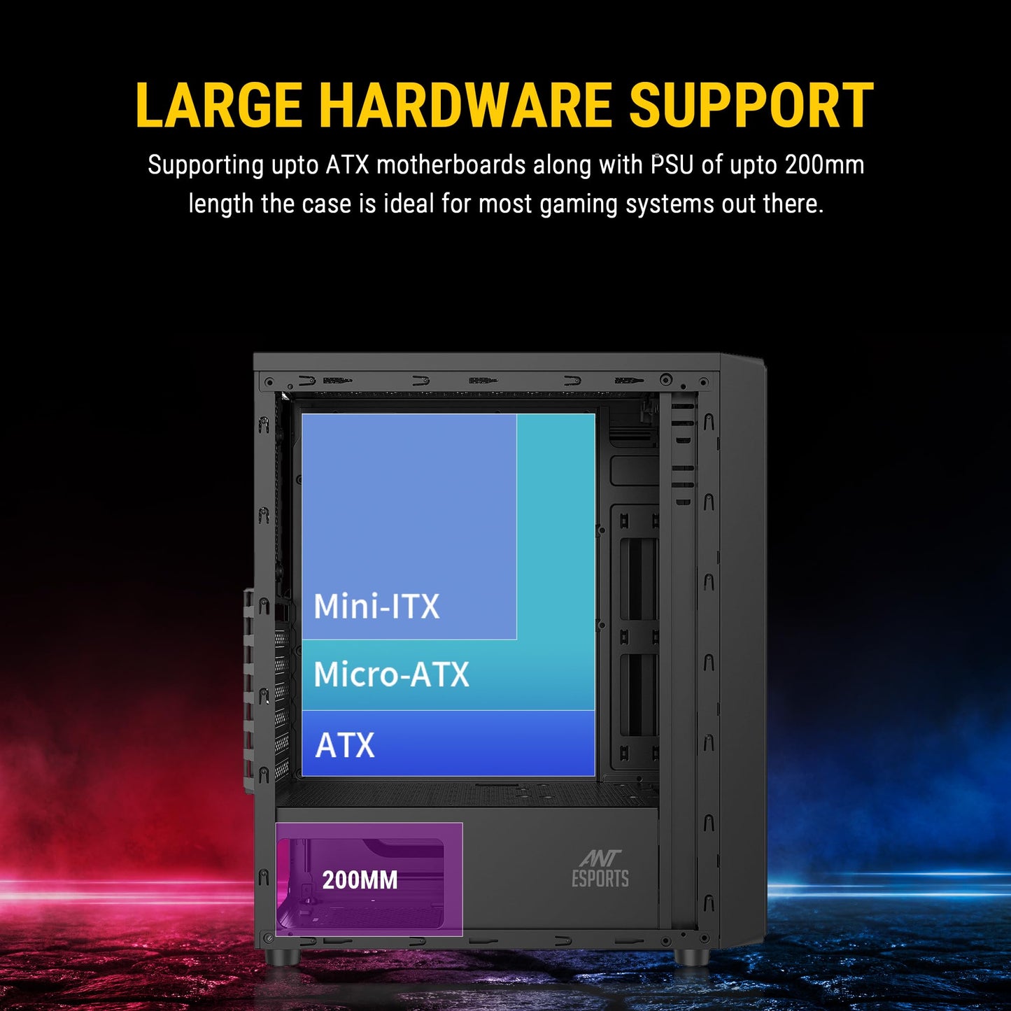 Ant Esports Elite 1100 Mid-Tower Computer Case/Gaming Cabinet - Black | Support ATX, M-ATX, ITX | Pre- Installed 3 x 120mm Front and 1 x 120mm Rear Rainbow Fans