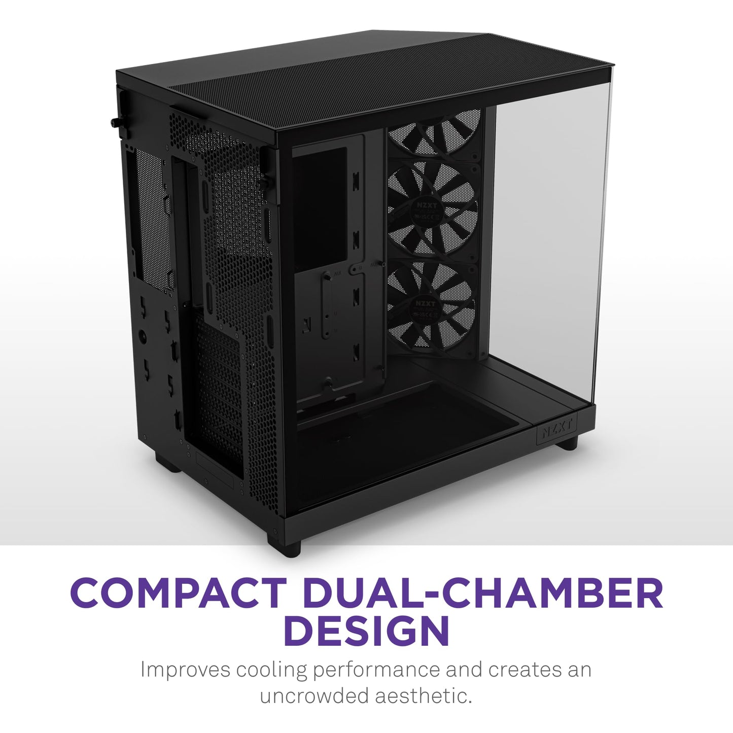 NZXT H6 Flow | CC-H61FB-01 | Compact Dual-Chamber Mid-Tower Airflow Case | Panoramic Glass Panels | High-Performance Airflow Panels | Includes 3 x 120mm Fans | Cable Management | Black