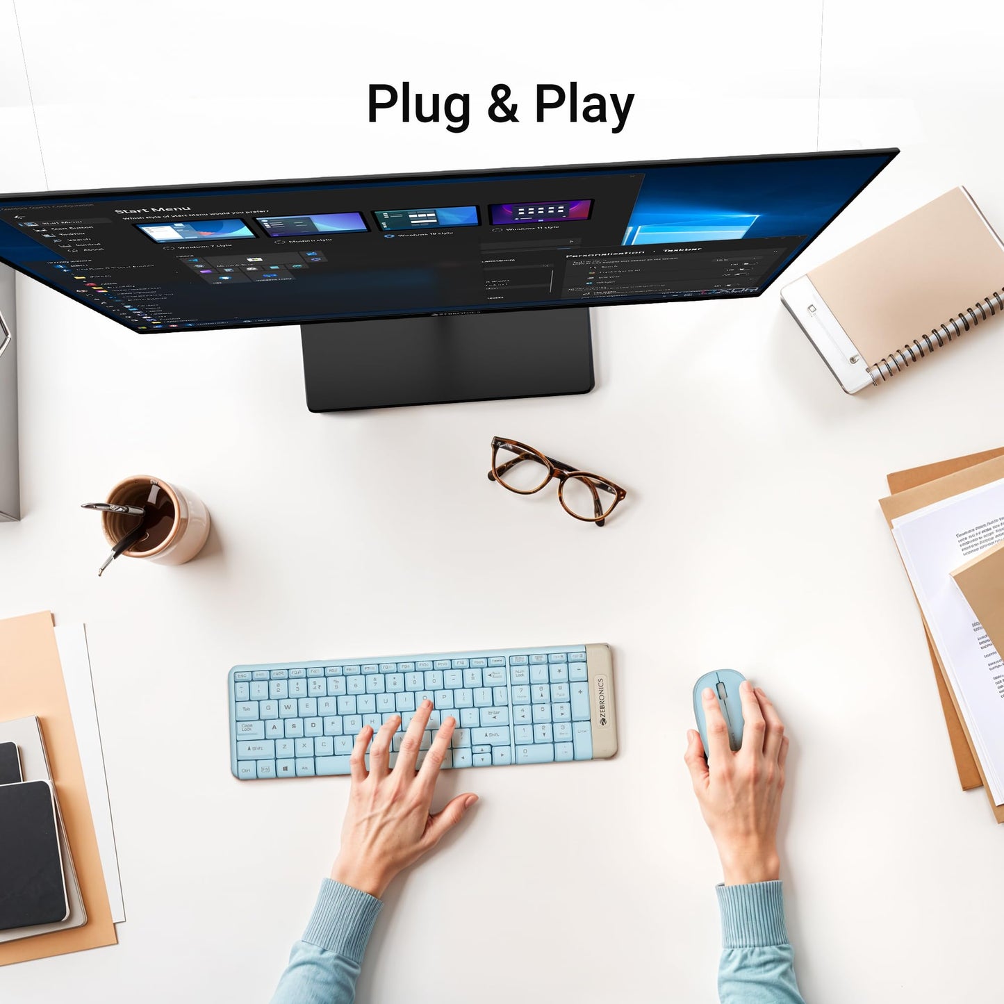 ZEBRONICS Companion 104 2.4GHz Wireless Keyboard & Mouse Combo, 100 Keys, Laser Printed Keycaps, Integrated Multimedia Keys, 3 Button Mouse, 1200 DPI, High Precision, Advanced Optical Sensor (Blue)
