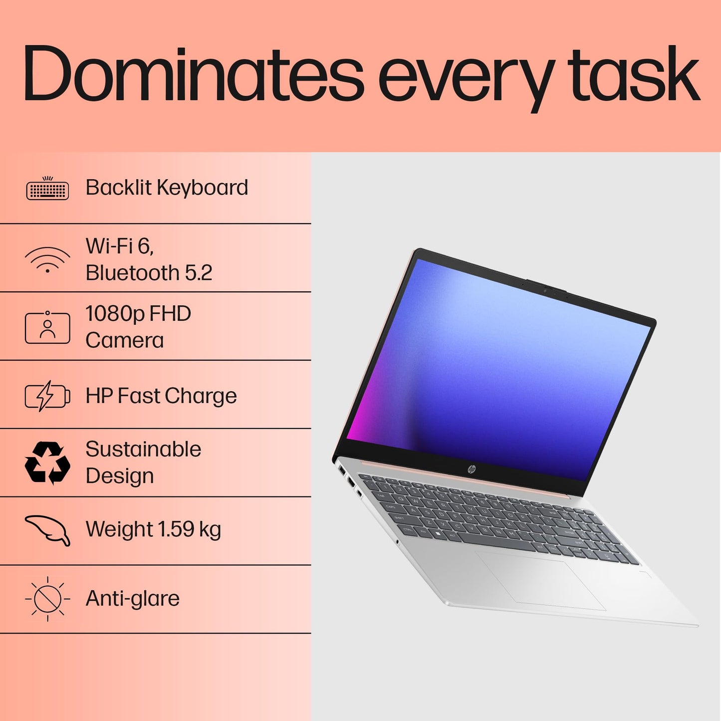 HP 15, 13th Gen Intel Core i5-1334U Laptop (8GB RAM, 512GB SSD), Anti-Glare, 15.6"/39.6cm, FHD, Win 11, MS Office 2021, Silver, 1.59Kg, Intel UHD Graphics, FHD Camera, Backlit KB, fd0220TU