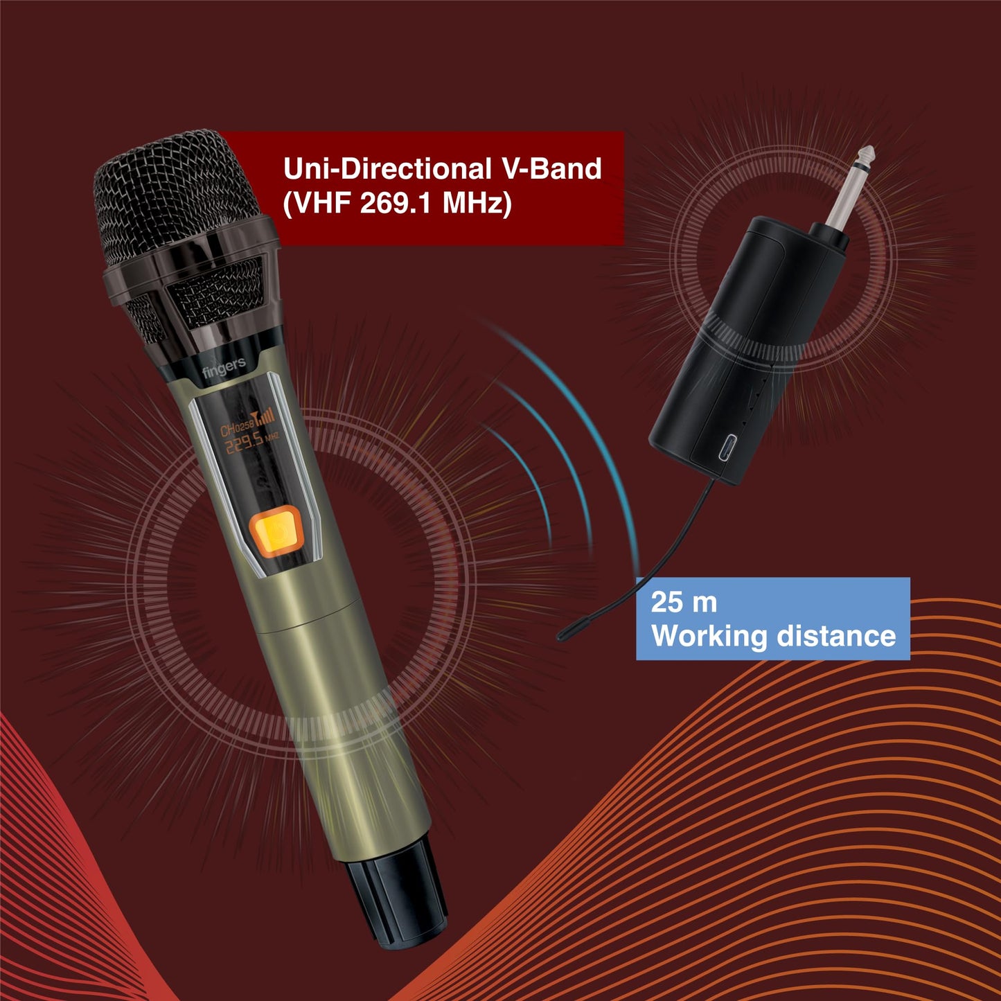 FINGERS Freedom Mic-39 Wireless Microphone (6.35 mm pin Receiver with Type-C Charging Port, Uni-Directional V-Band @ VHF 269.1 MHz, 10-Hour Battery Life, 25 m Working Distance)