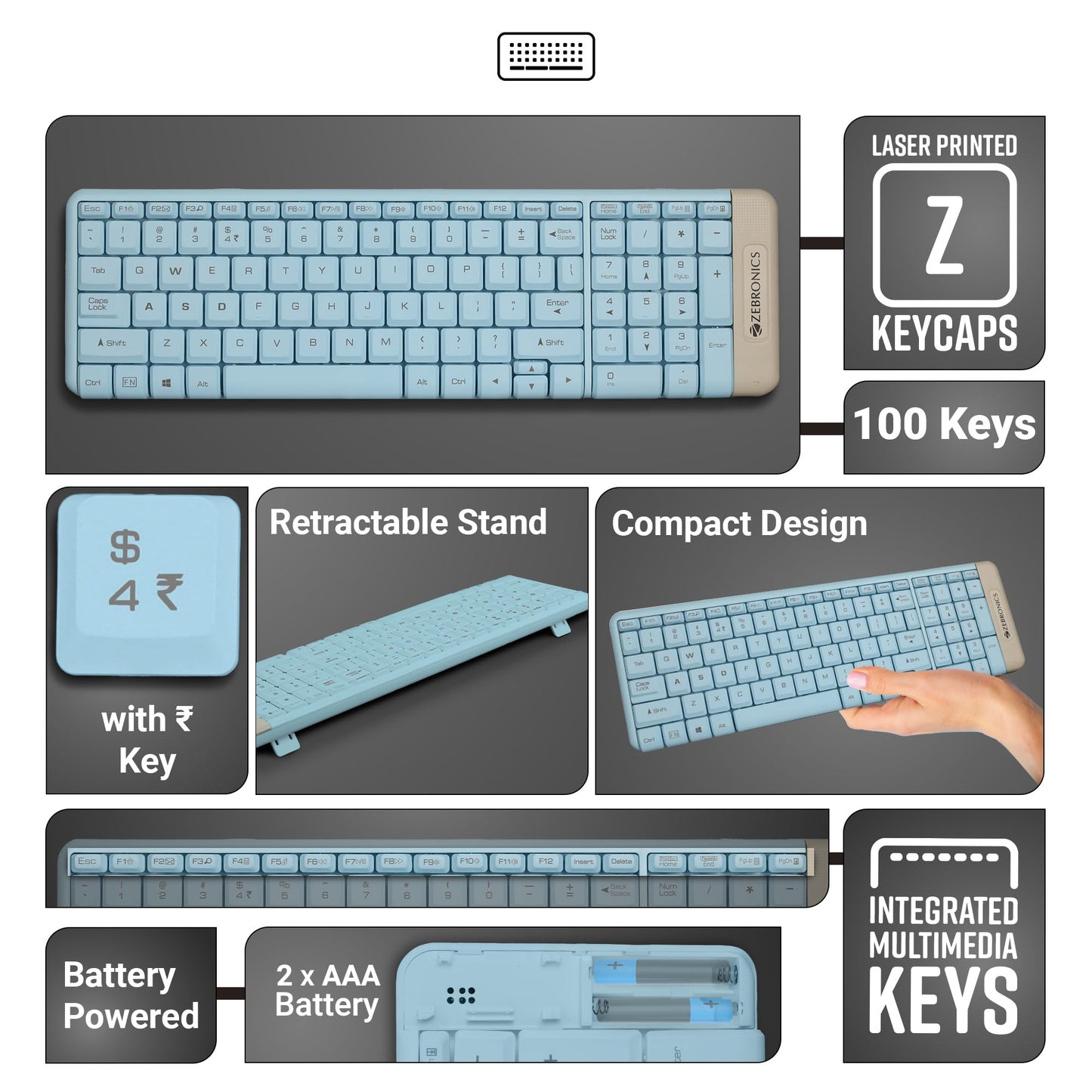ZEBRONICS Companion 104 2.4GHz Wireless Keyboard & Mouse Combo, 100 Keys, Laser Printed Keycaps, Integrated Multimedia Keys, 3 Button Mouse, 1200 DPI, High Precision, Advanced Optical Sensor (Blue)