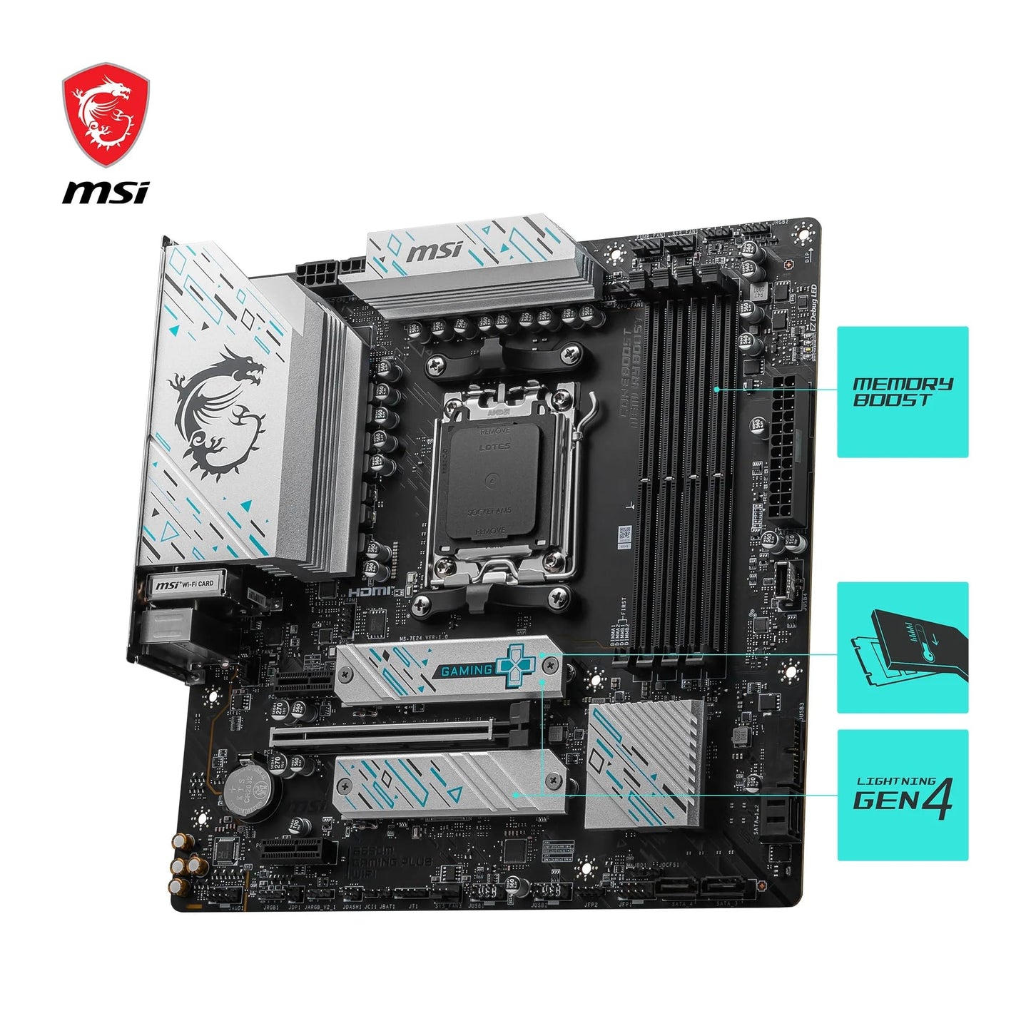 MSI B650M Gaming Plus WiFi Motherboard, mATX - Supports AMD Ryzen 7000 Series Processors, AM5, DDR5 Memory Boost 7800+MHz/OC, 1 x PCIe 4.0 x16, 2 x M.2 Gen4, Wi-Fi 6E