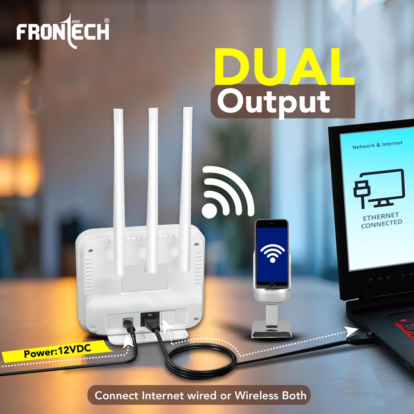 Frontech 4G WiFi Router (5G SIM Compatible), Nano SIM Slot, 3 External Antennas, Dual Output (Wired/Wireless), 40MHz Bandwidth, High-Speed Internet for Home & Office (NC-0035)