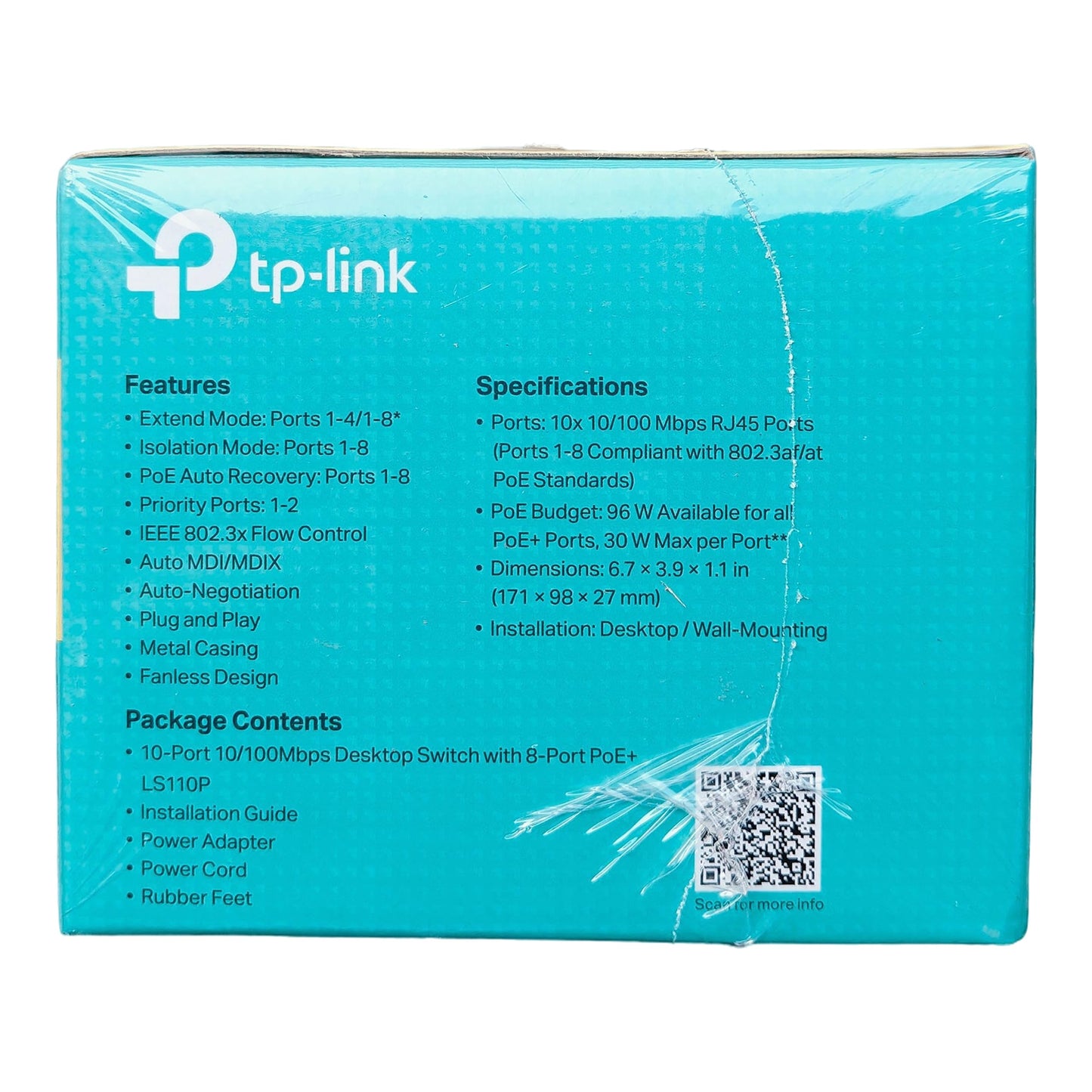TP-Link LS110P 10-Port 10/100Mbps Desktop Switch with 8-Port PoE+, 96 W Total PoE Budget, PoE Auto Recovery, Plug & Play, Isolation Mode ,Ideal for Noise-Sensitive Homes or Businesses