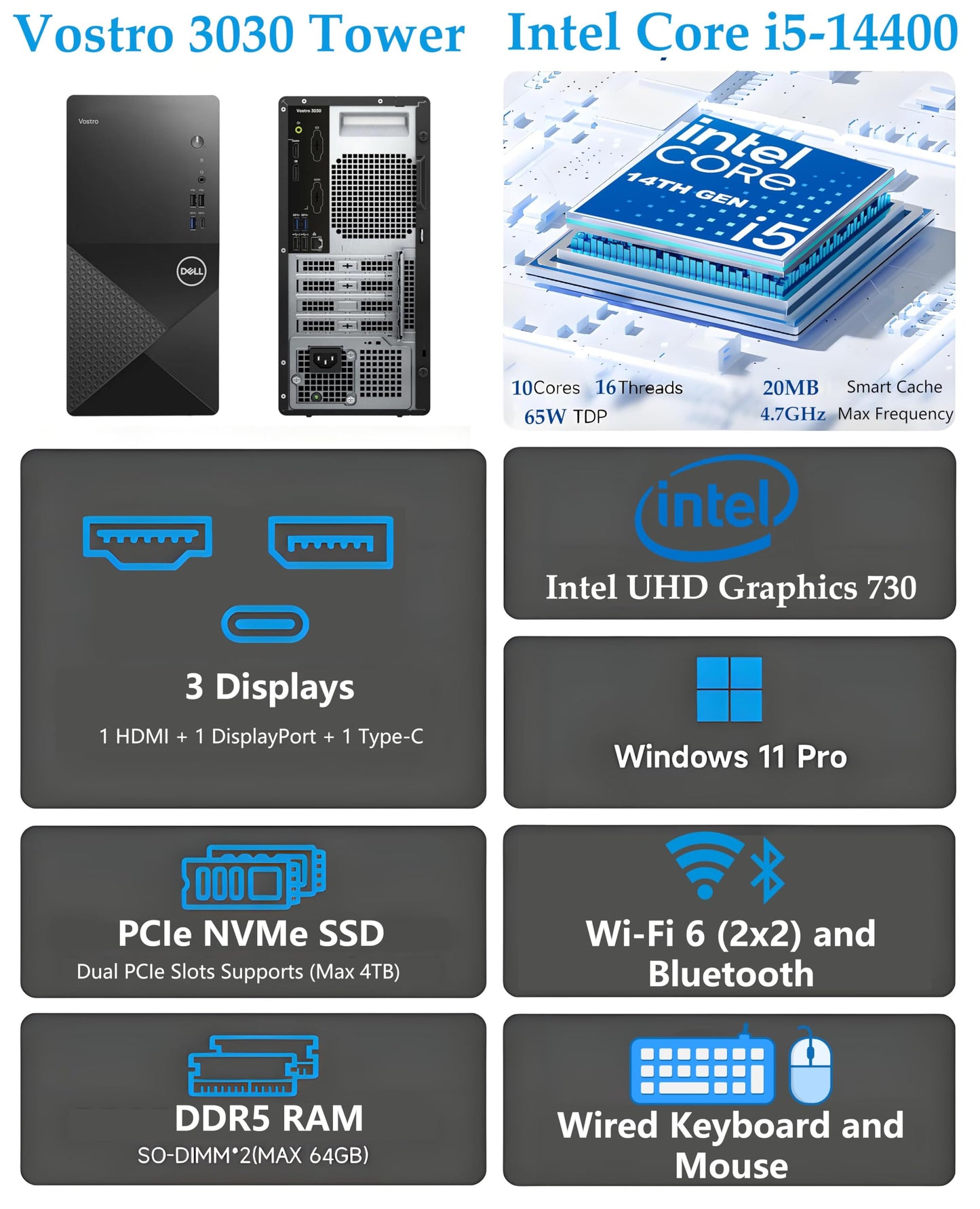 Dell Small Desktop Computer for Home & Business - 3030s SFF Desktop PC, Intel Core i5-14400