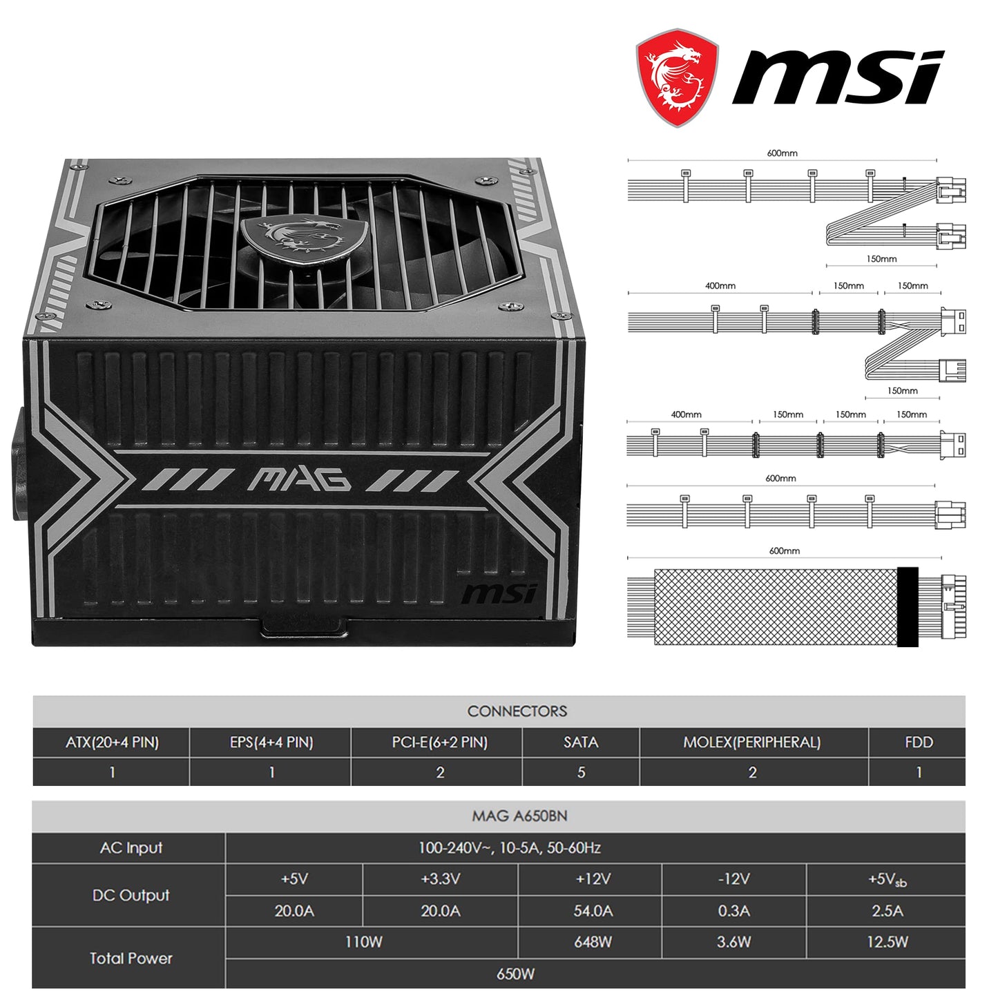 MSI MAG A650BN Power Supply Unit - 650W, 80 Plus Bronze Certified, 12V Single-Rail, DC-to-DC Circuit, 120mm Fan, Active PFC Design, Multiple Connectivity, for Gaming PC, 5-Year Warranty