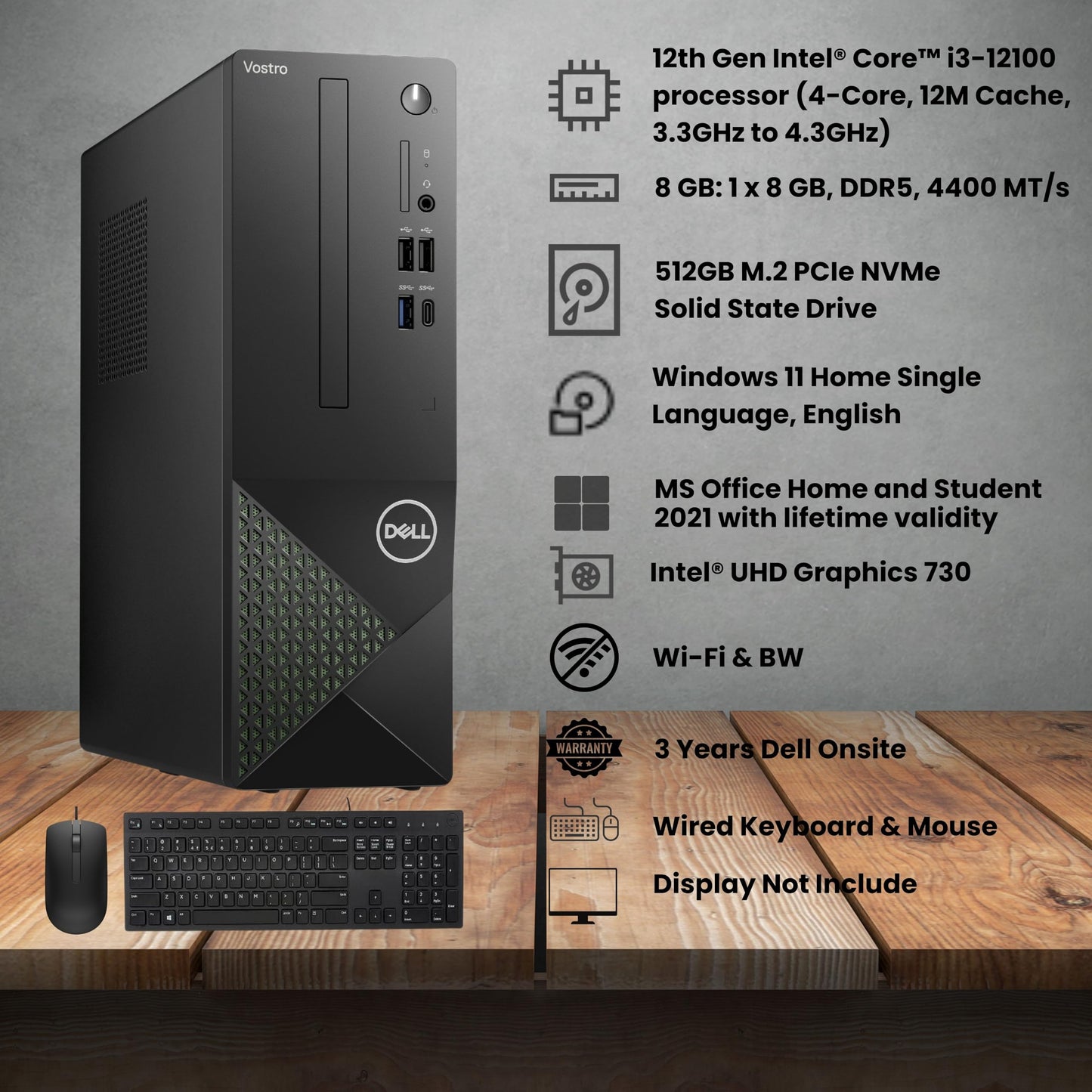 Dell Vostro 3030S - Intel Core I3 12Th Gen | 8 GB DDR5 | 512 GB SSD | Windows 11 Home With MS Office 2021 Home & Student 2021 | 3 Years Onsite Warranty | Wi-Fi & Bluetooth | No Monitor