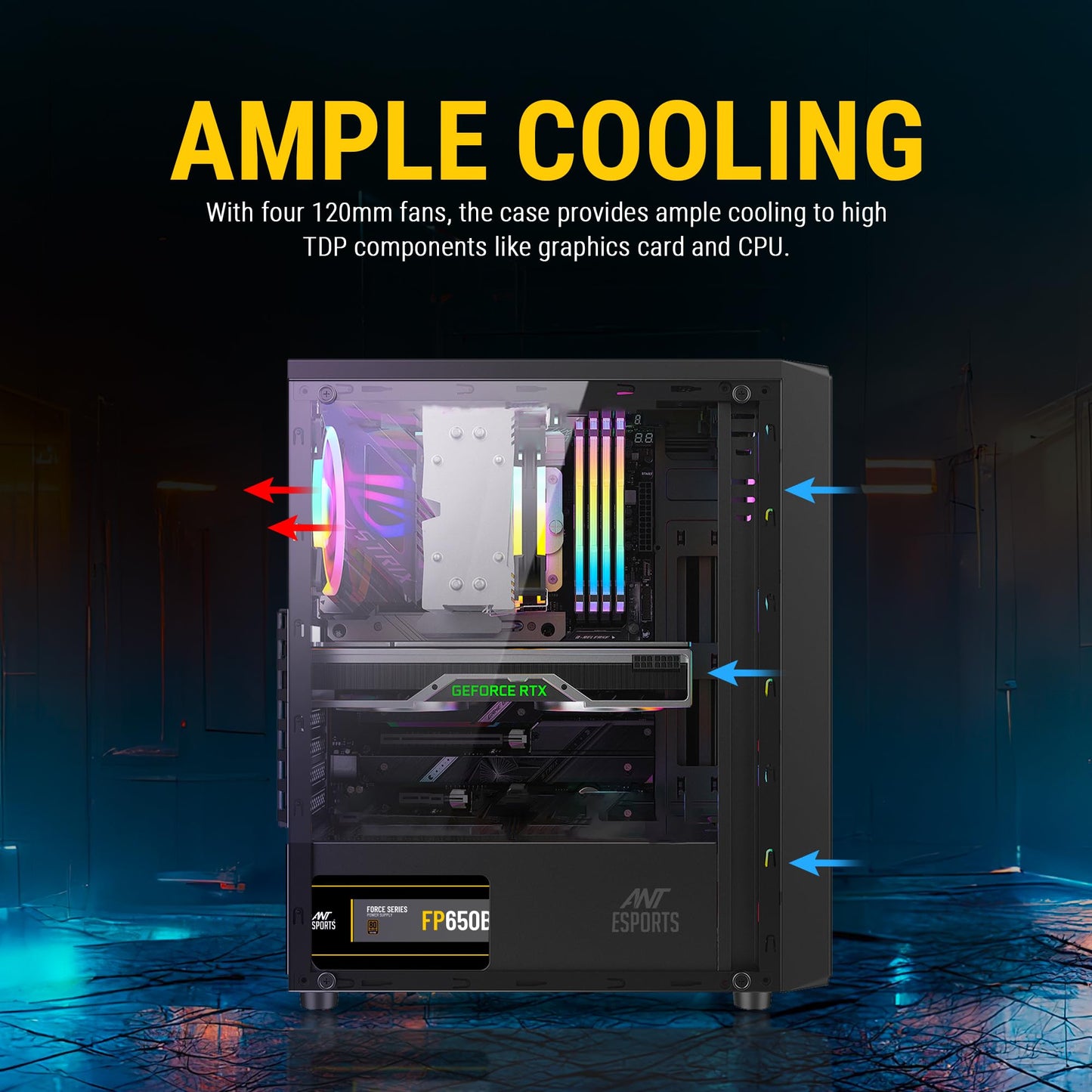 Ant Esports Elite 1100 Mid-Tower Computer Case/Gaming Cabinet - Black | Support ATX, M-ATX, ITX | Pre- Installed 3 x 120mm Front and 1 x 120mm Rear Rainbow Fans
