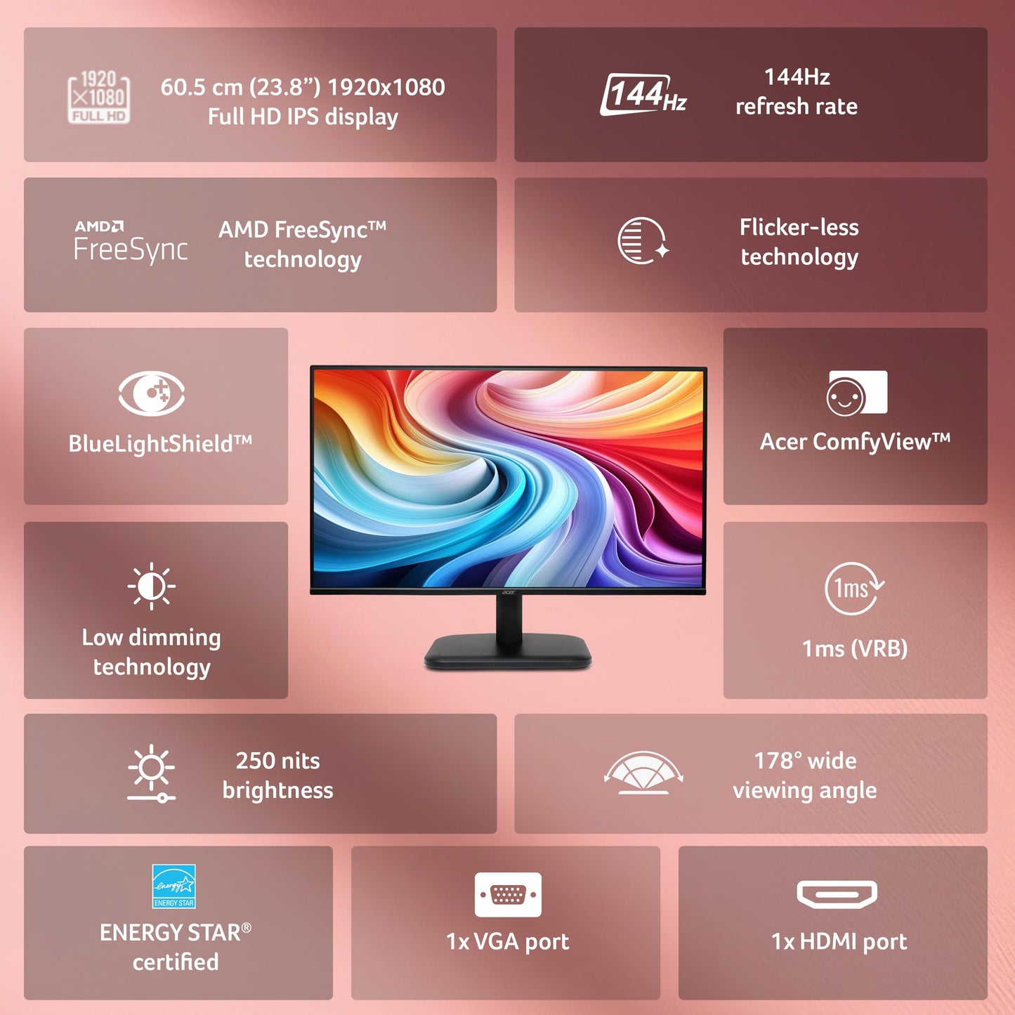 Acer EK240Y P6 P6 23.8 Inch IPS Full HD Backlit LED Monitor I 144Hz Refresh Rate, 1MS VRB Response Time, AMD FreeSync I 1 x VGA 1 x HDMI with Inbox HDMI Cable I Zero Frame Design I Eye Care I Black