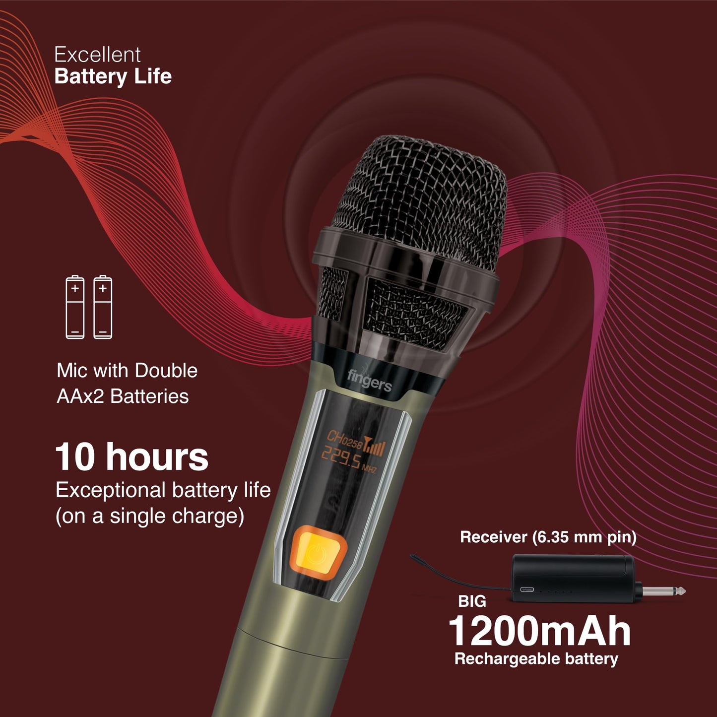 FINGERS Freedom Mic-39 Wireless Microphone (6.35 mm pin Receiver with Type-C Charging Port, Uni-Directional V-Band @ VHF 269.1 MHz, 10-Hour Battery Life, 25 m Working Distance)