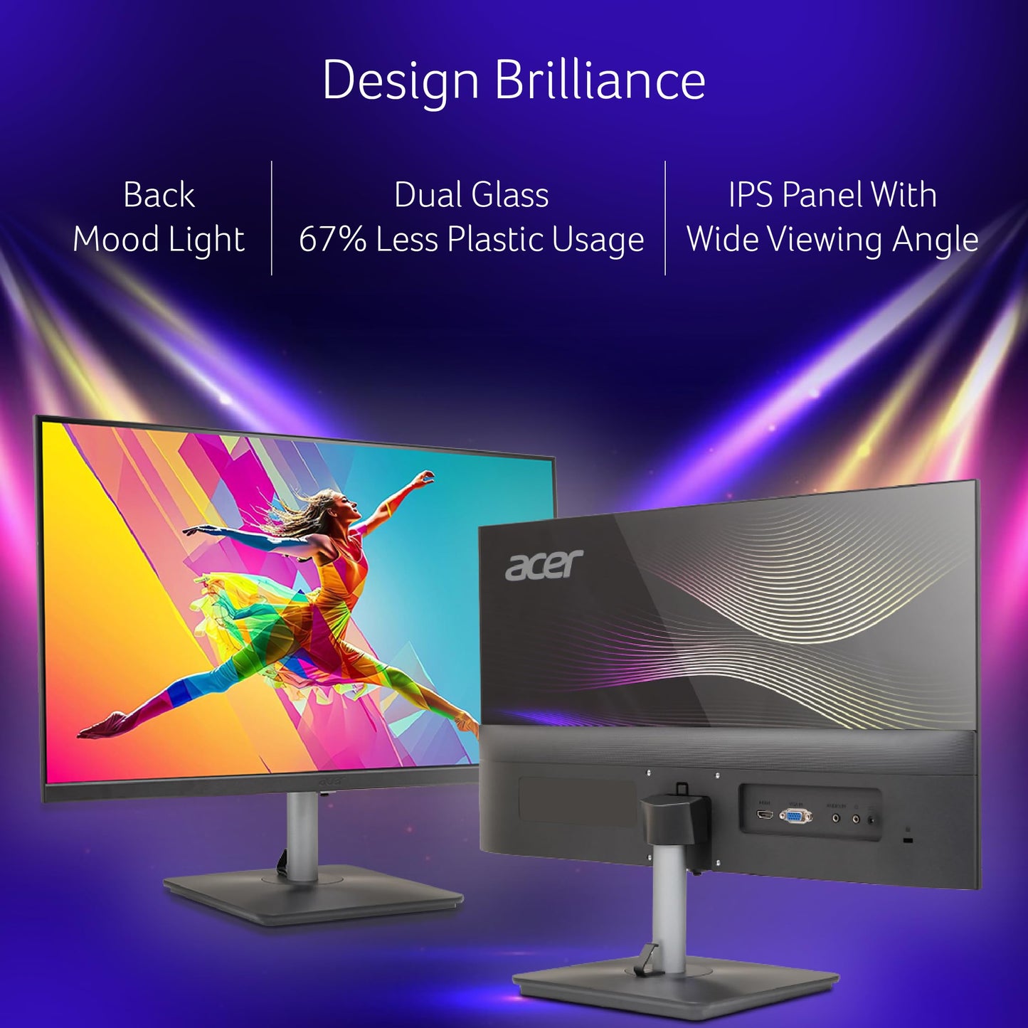 Acer RS242Y 23.8 Inch Full HD IPS Ultra-Thin (6.9mm) Backlit LED Monitor I Color Patterned Back Mood Light I Dual Glass Design, Sleek Metal Frame I 1 MS, 120Hz I 1xHDMI 1xVGA I Speakers I Eye Care