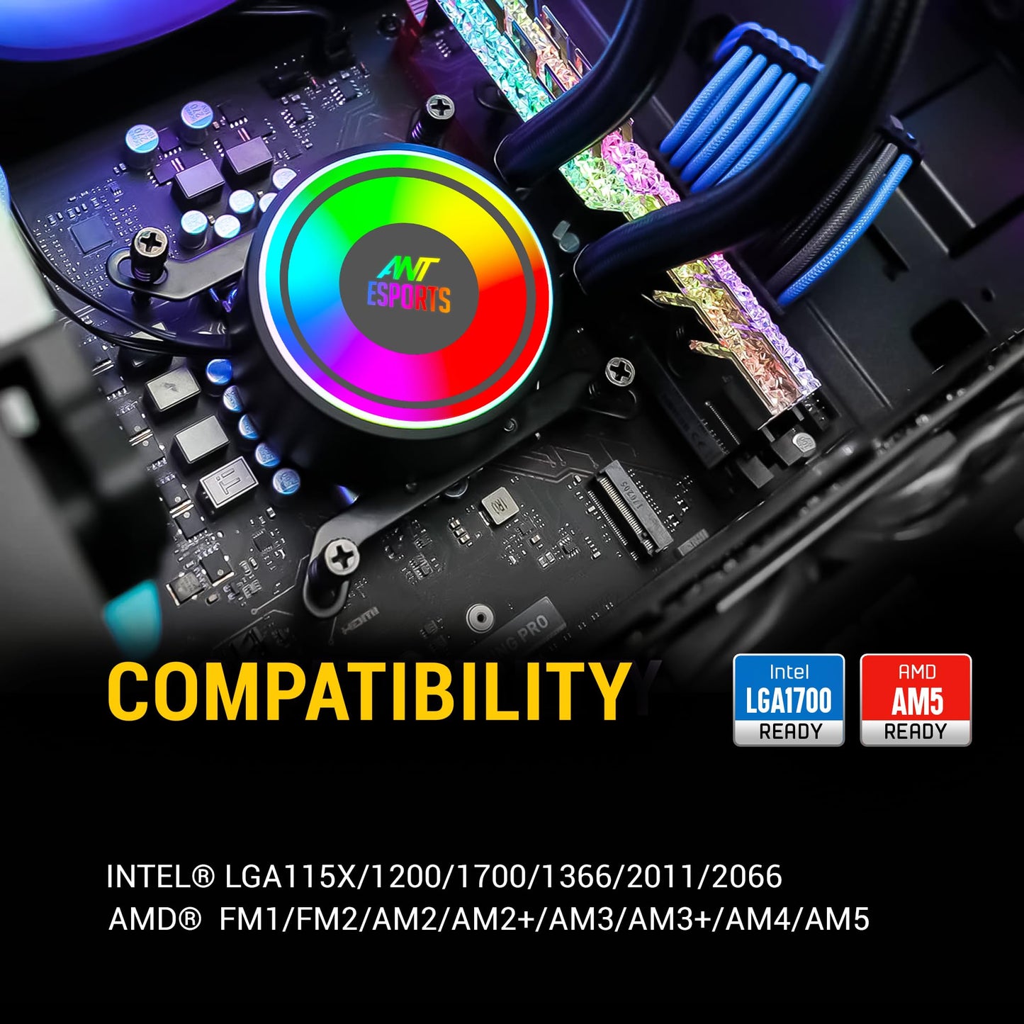 Ant Esports ICE-360 360mm Addressable RGB 2600RPM AIO I CPU Liquid Cooler - Black I Support Intel - LGA115X/1200/1700/1366/2011/2066 , AMD - FM1/FM2/AM2//AM2+/AM3/AM3+/AM4/AM5
