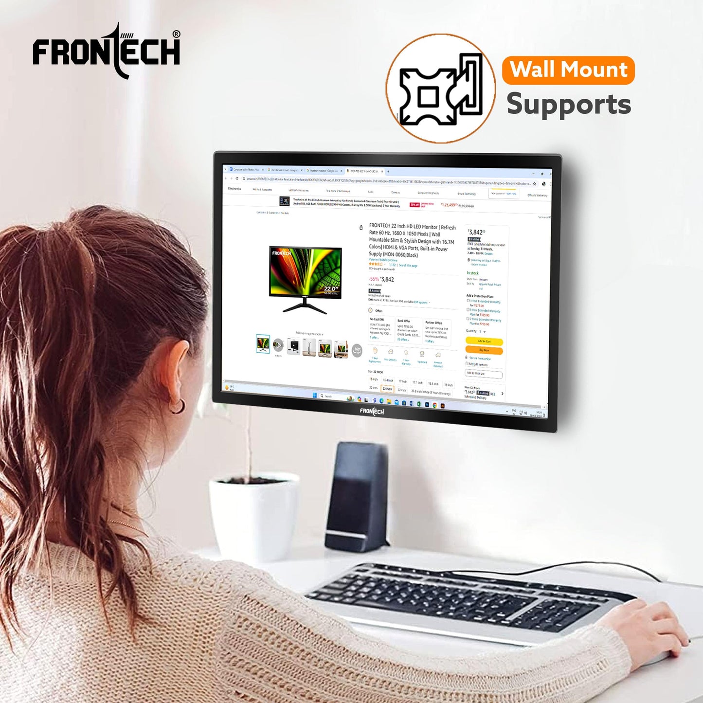 FRONTECH 20 Inch HD LED Monitor | Refresh Rate 60 Hz, 1600 x 900 Pixels | Wall Mountable Slim & Stylish Design with 16.7M Colors | HDMI & VGA Ports, Built-in Power Supply (MON-0054,Black)