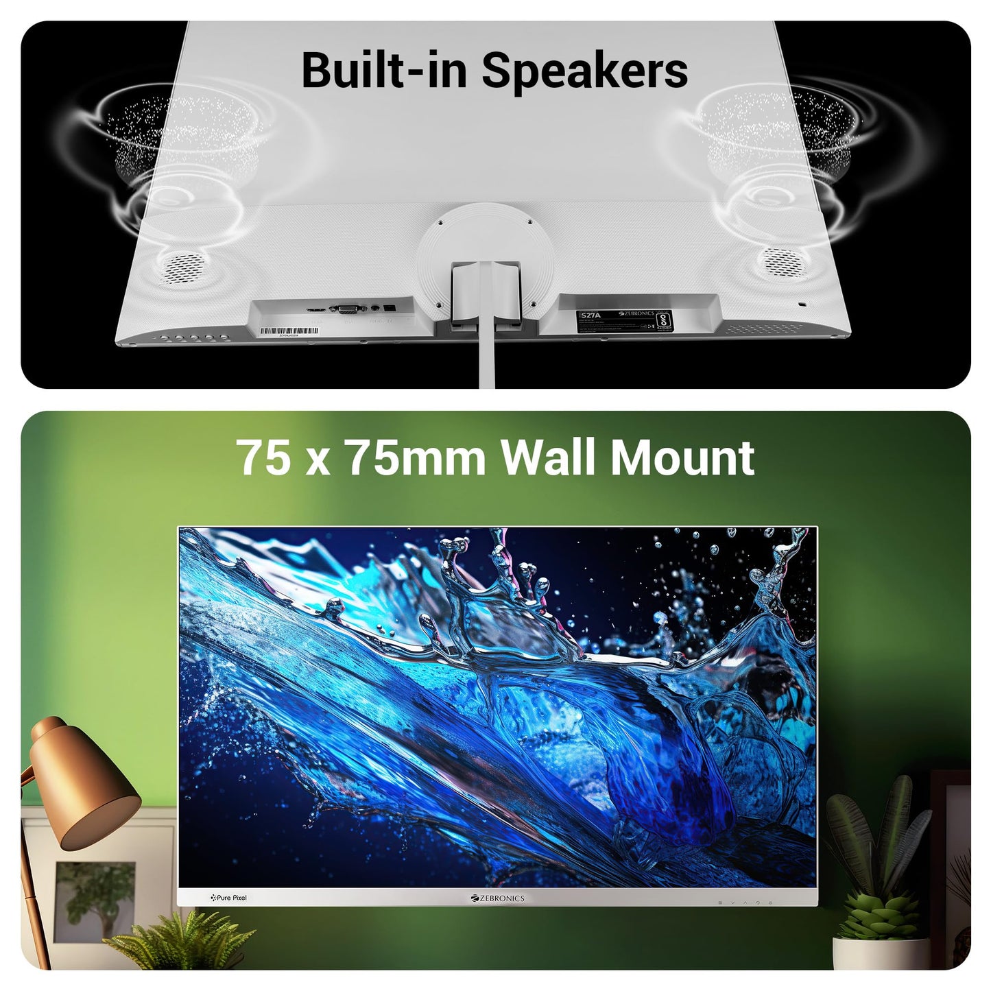 ZEBRONICS S27A 27" (68.5cm) LED Monitor, 75Hz, FHD 1920x1080, IPS Display, 1ms MPRT, 16:9 Aspect Ratio, 300Nits, 16.7M Colors, Dual Input - HDMI + VGA, Built-in Speakers, Wall Mountable